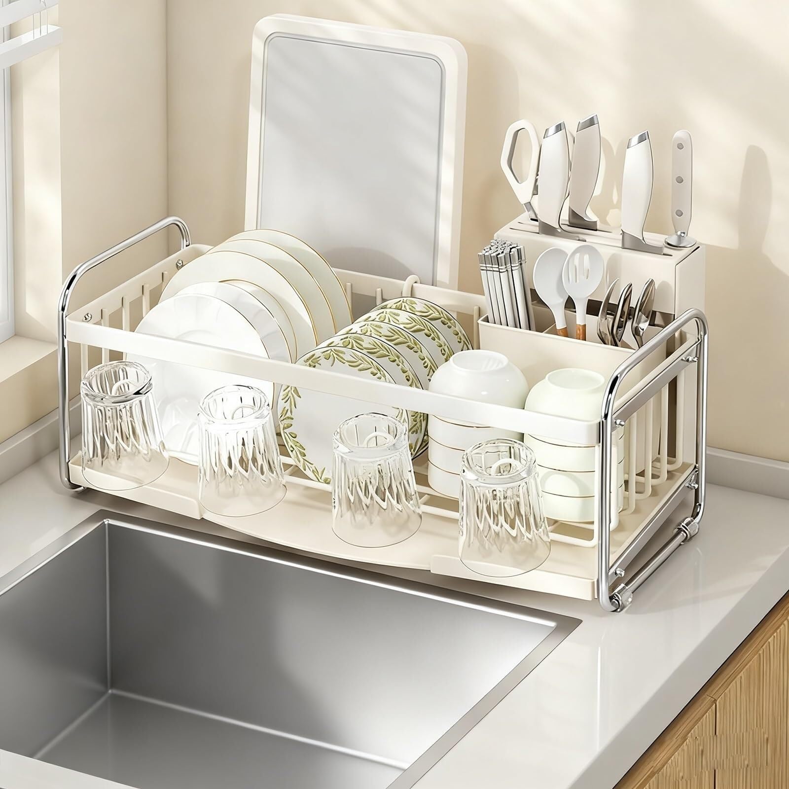 WLH Alexanders Compact Small Dish Drying Rack for Kitchen Counter Narrow Metal Dish Drainer with Utensil Holder Space Saving dish rack(Milky White,Full set)