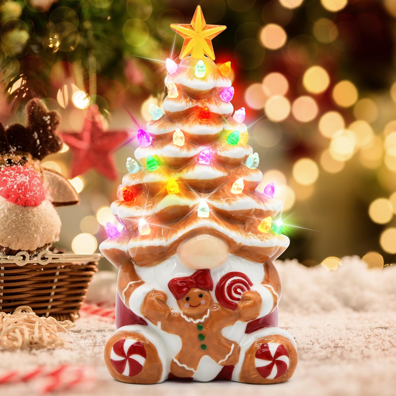 Décorations de Noël en forme de bonhomme en pain d'épices pour l'intérieur, nain de Noël lumineux en céramique, décoration de table de cuisine rustique, pour femme, famille, amie