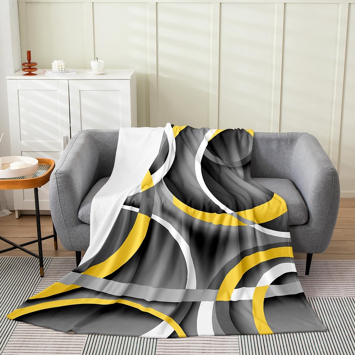 Modern Geometric Lines Flannel Blanket for Boys Girls Kids Super Soft Warm Gray Black Swirls Fleece Blanket Retro Lines Throw Blankets Modern Simple Bed Blanket Gifts for Teens Women(Queen 90"x90")