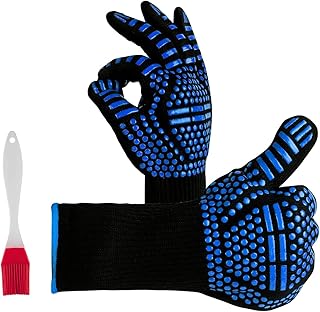 BBQ Gloves, 1472F Extreme Heat Resistant Grill Gloves, Fireproof Oven Mitts for Smoker, Cooking, Baking, with Sauce Basting Brush (Blue)