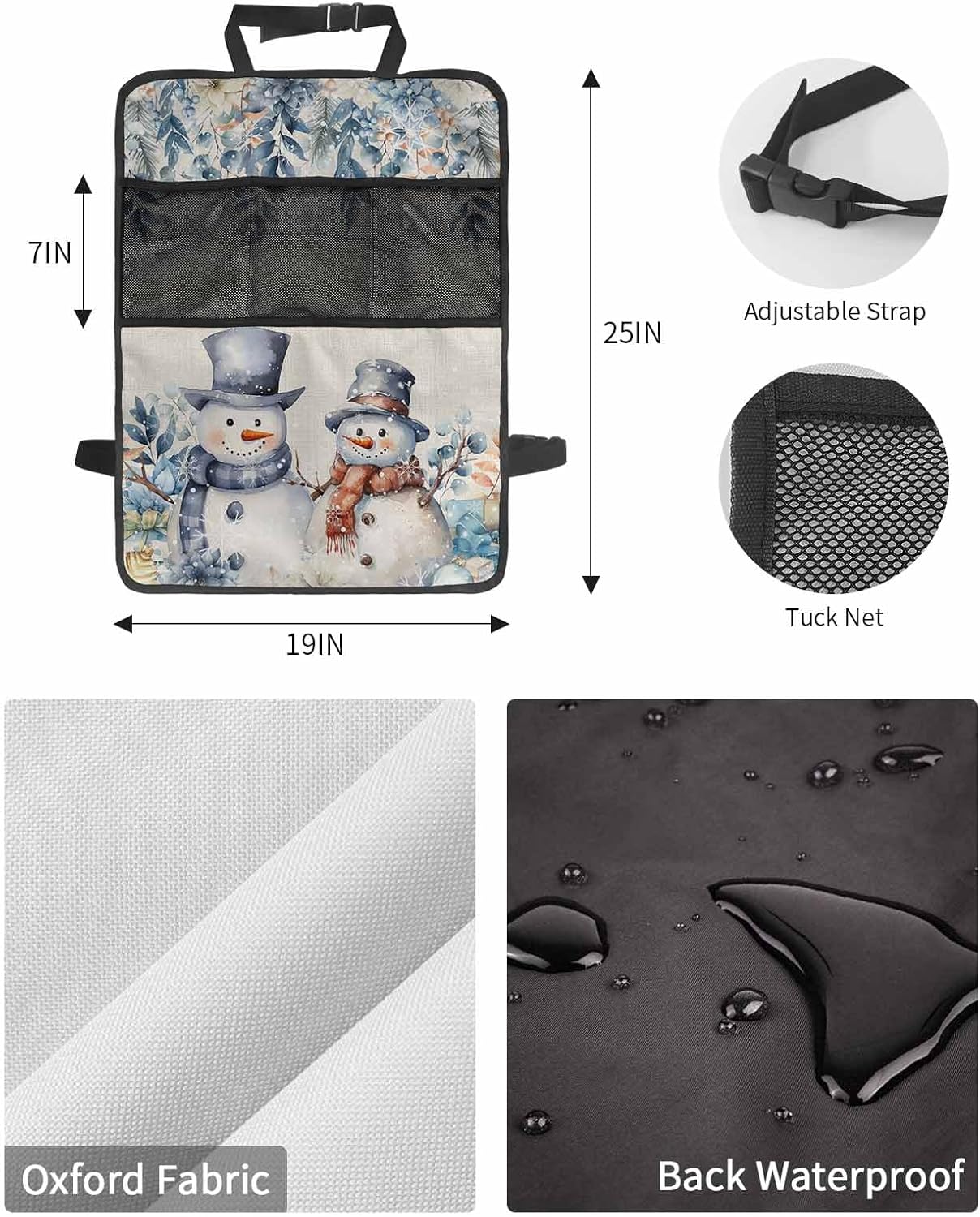 Car Seat Protector, 2 Pack Kick Mats with Organizer - 3 Pocket Storage, Blue Christmas Snowman Gift Flower Holly Eucalyptus Linen Back Seat Cover for Kids Universal Fit Automotive Interior Protectors
