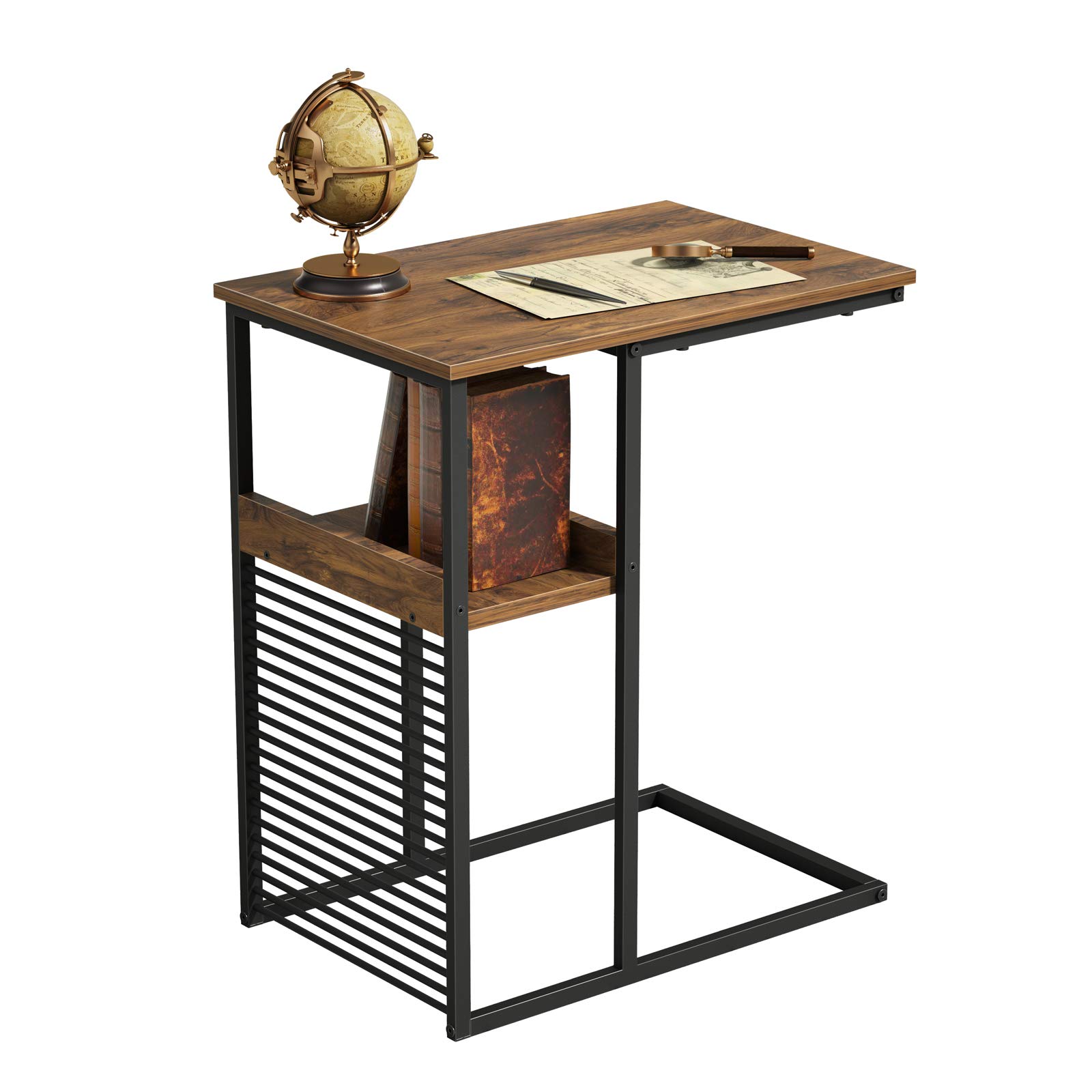Cubiker Sofa Side End Table, Side Table with Wooden Shelf, C Shaped Couch Table for Living Room, Bedroom, Metal Frame Nightstand