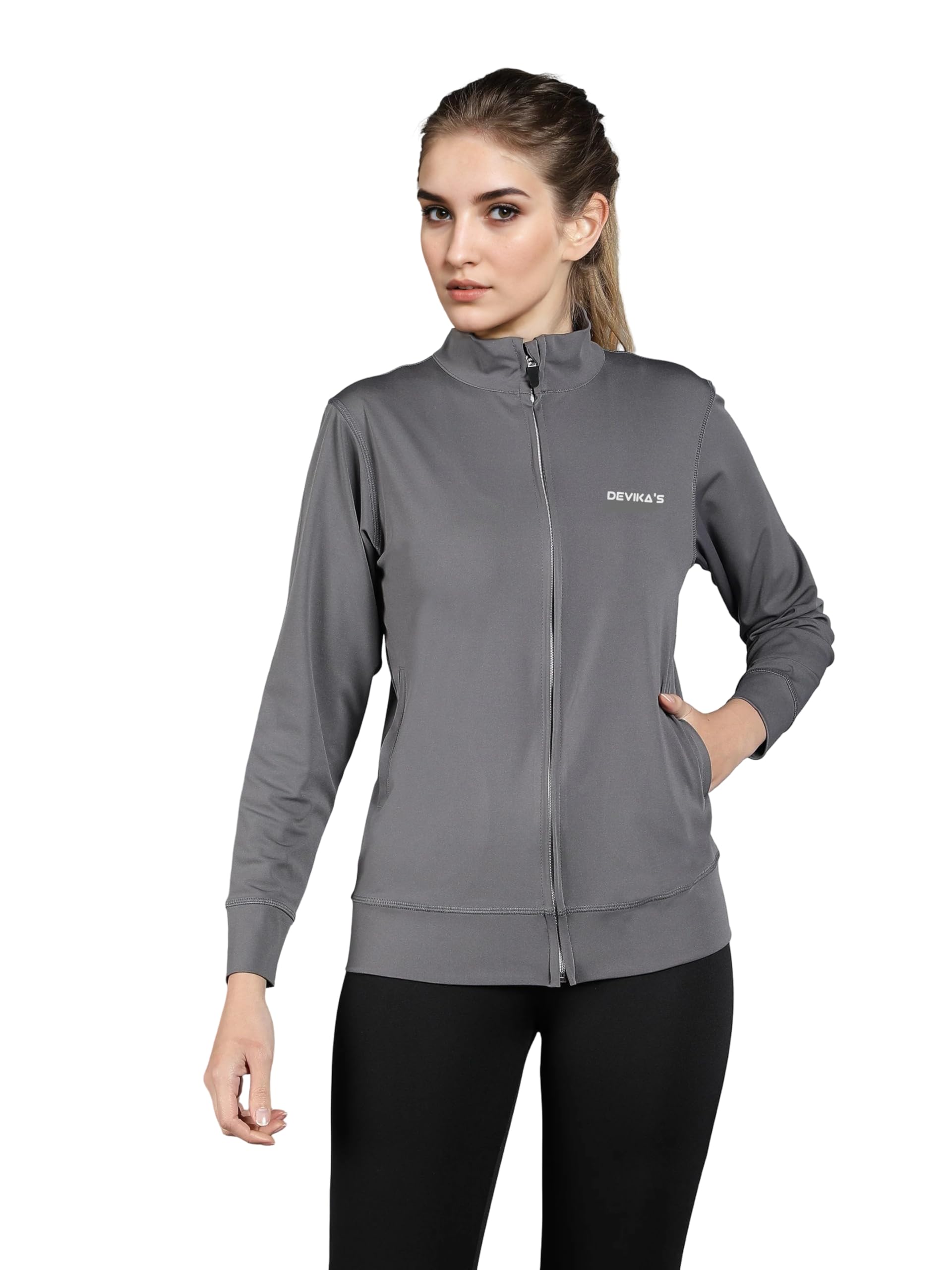Women's Gym Jacket, Grey, Full-Zip, Mock Neck, Long Sleeve, Fitness Sportswear-image-47