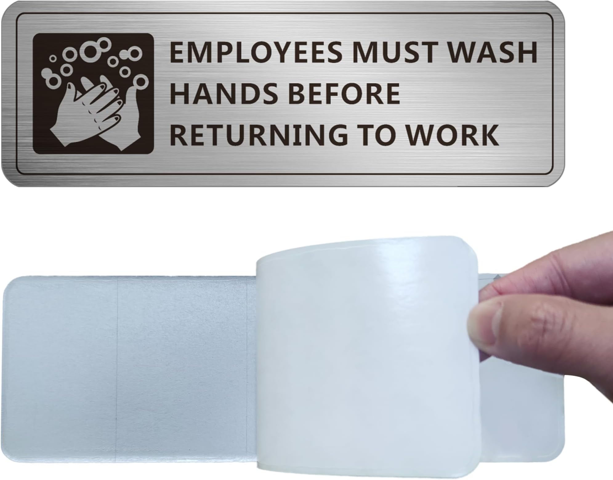 MongFun Employees Must Wash Hands Sign, (2 Pack) Self-Adhesive Metal Signage for Office Bathroom, 9 x 3 Inch Waterproof Aluminum Signs for Indoor Outdoor Use (Brushed Aluminum)