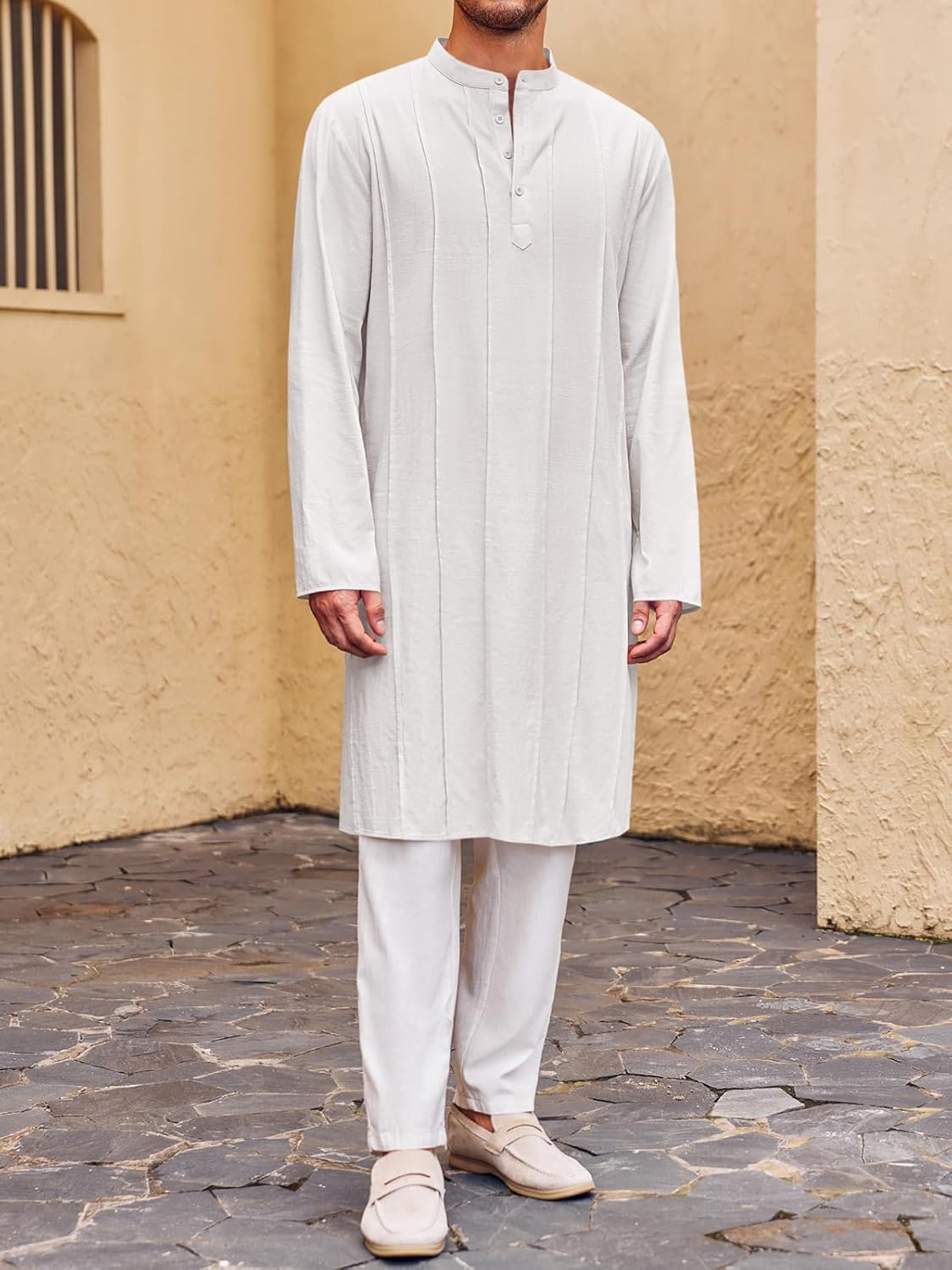 Runcati Mens Kaftan Thobe Button Down Henley Shirts Robe Long Sleeve Casual Cotton Pleated Muslim Gown Shirt - Image 4