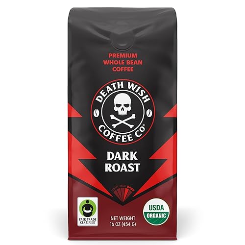 Death Wish Coffee, Organic and Fair Trade Dark Roast Whole Bean Coffee, 16 oz - Dark Roast - 16 Ounce (Pack of 1)