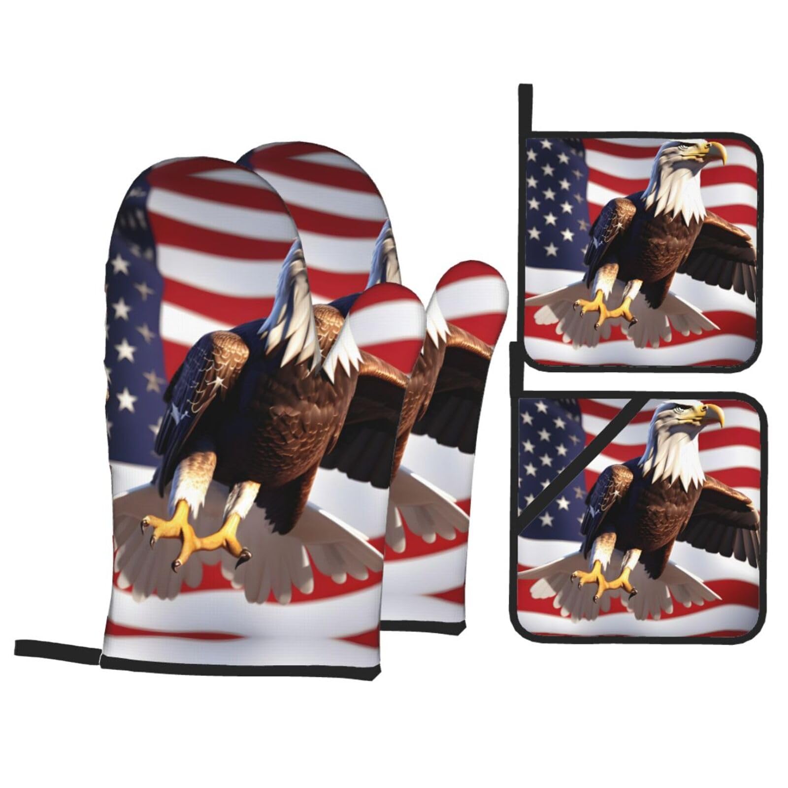 Bald Eagle with American Flag Print Oven Microwaving Waterproof Kitchen Gloves for Baking Grilling Holiday Cooking