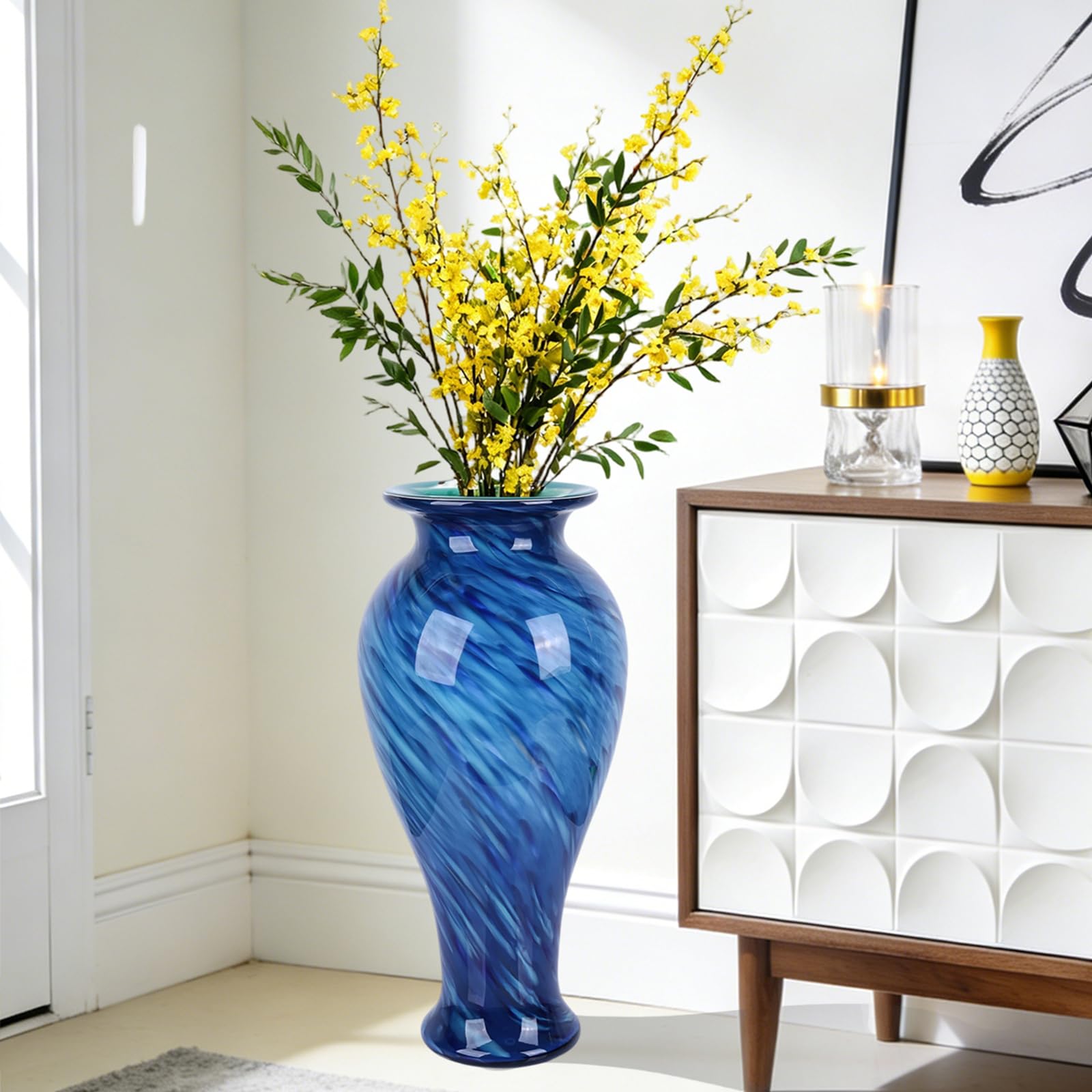 Jarrones Grandes para Sala Elegantes, vaso per fiori in vetro soffiato a mano, 50,8 cm di altezza, colore blu, per soggiorno, decorazione per matrimoni