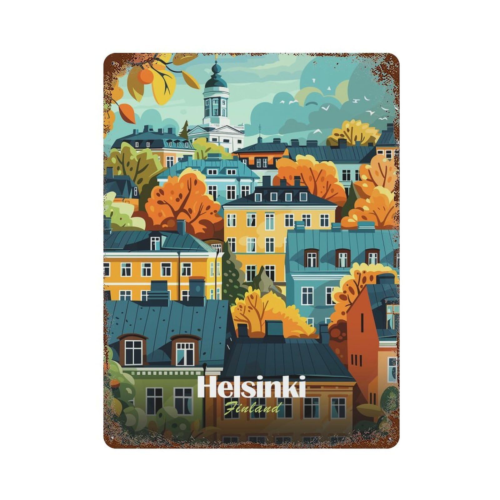 Helsinki Finland Cityscape Retro Metal Sign 15.7"x11.8", Farmhouse Wall Decor for Cafe, Home Bar And Lounge Decor