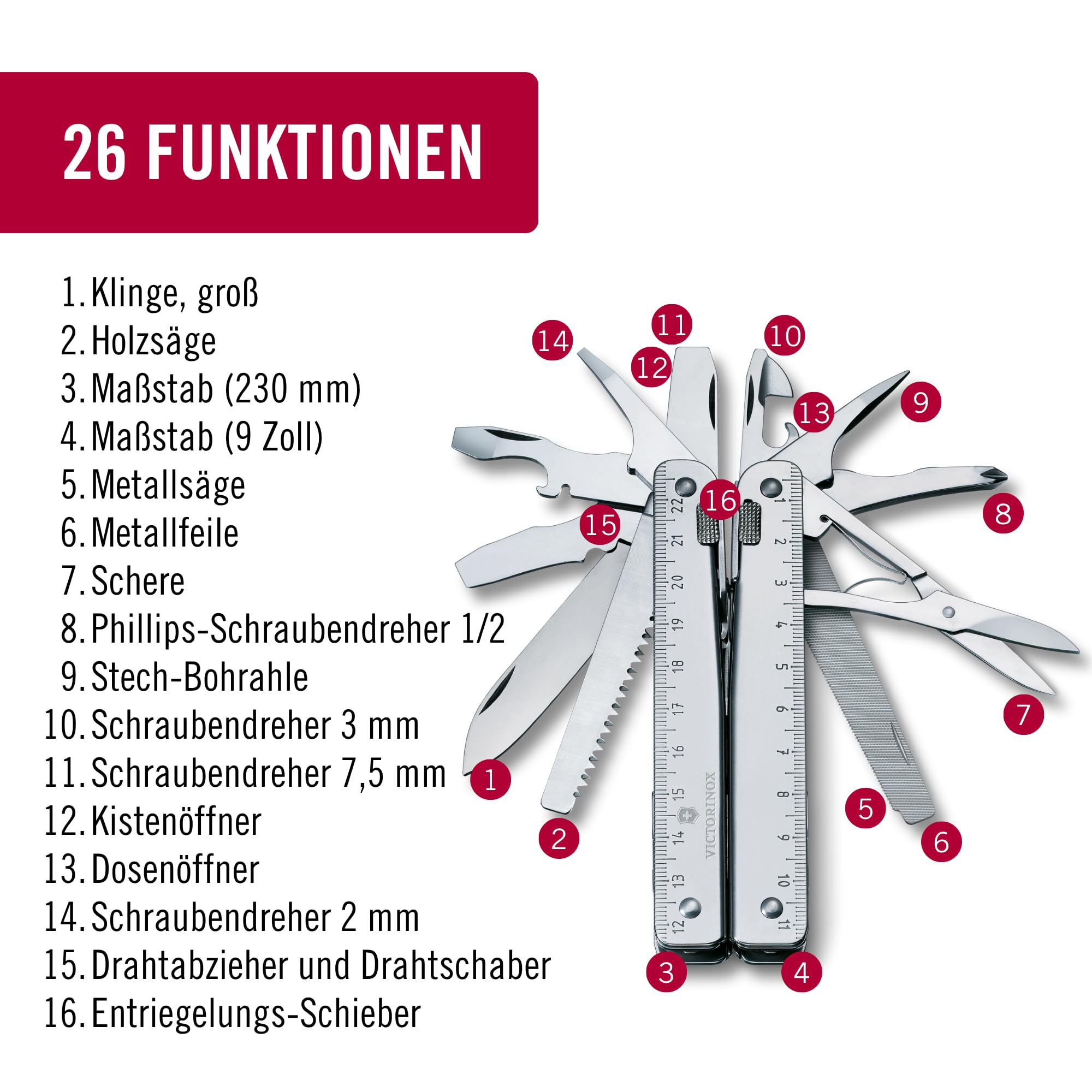 Victorinox Multifunktionstool, Swiss Tool X mit Leder-Etui, Taschen Werkzeug, Multitool mit Kombi-Spitzzange, Feststellklinge