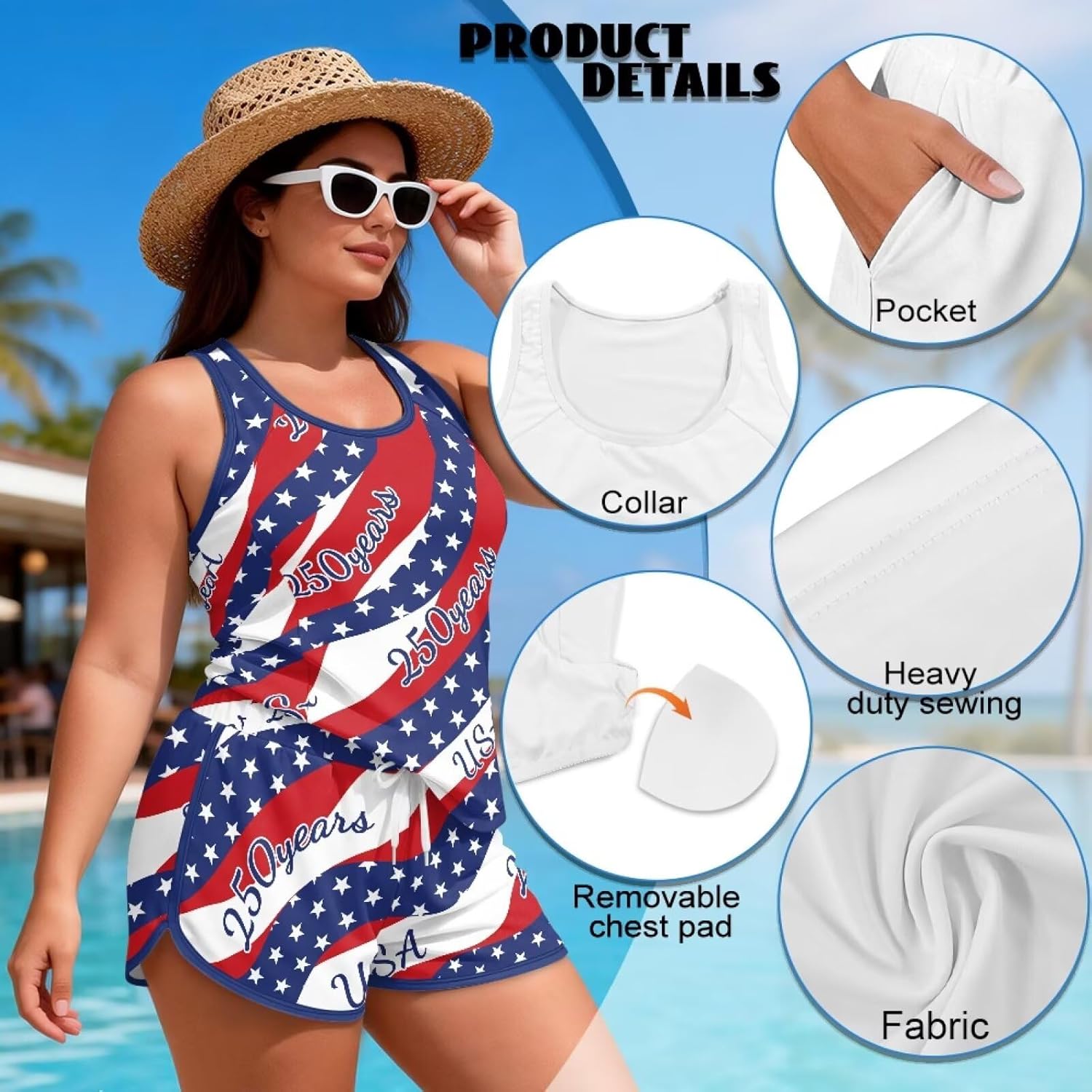 Two Piece Tankini Swimsuits for Women, Tummy Control Bathing Suit with Shorts, Athletic Swimwear with Pockets