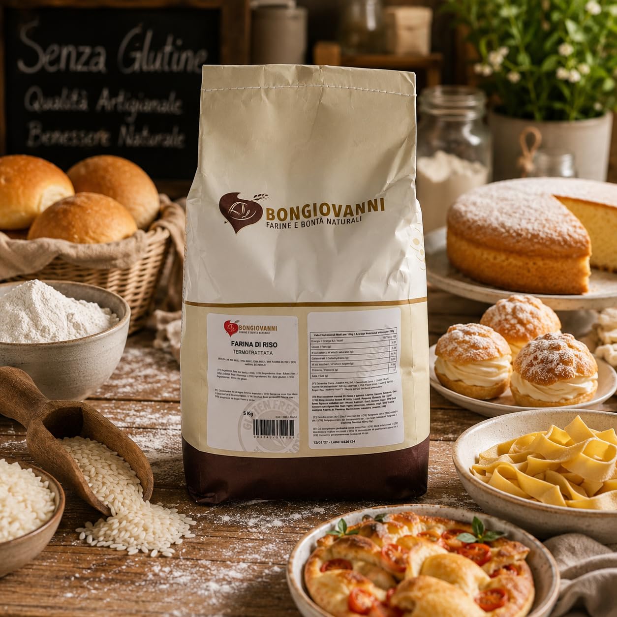 Bongiovanni Bontà Naturali Farine de Riz Traitée Thermiquement Sans Gluten Saveur Naturelle en Poudre 5 kg