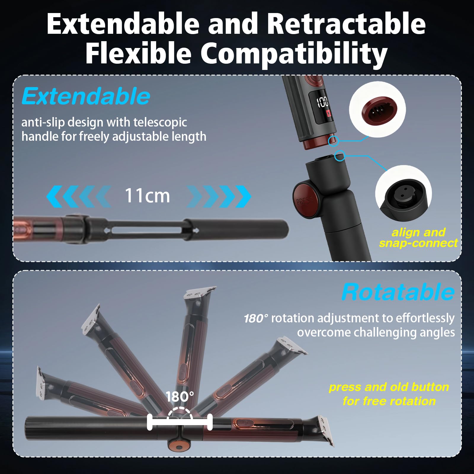Rasoio elettrico da uomo, 4 in 1, kit per la cura del corpo, con manico di prolunga regolabile, impermeabile, senza fili, USB, per la cura del corpo privato, barba, schiena, naso