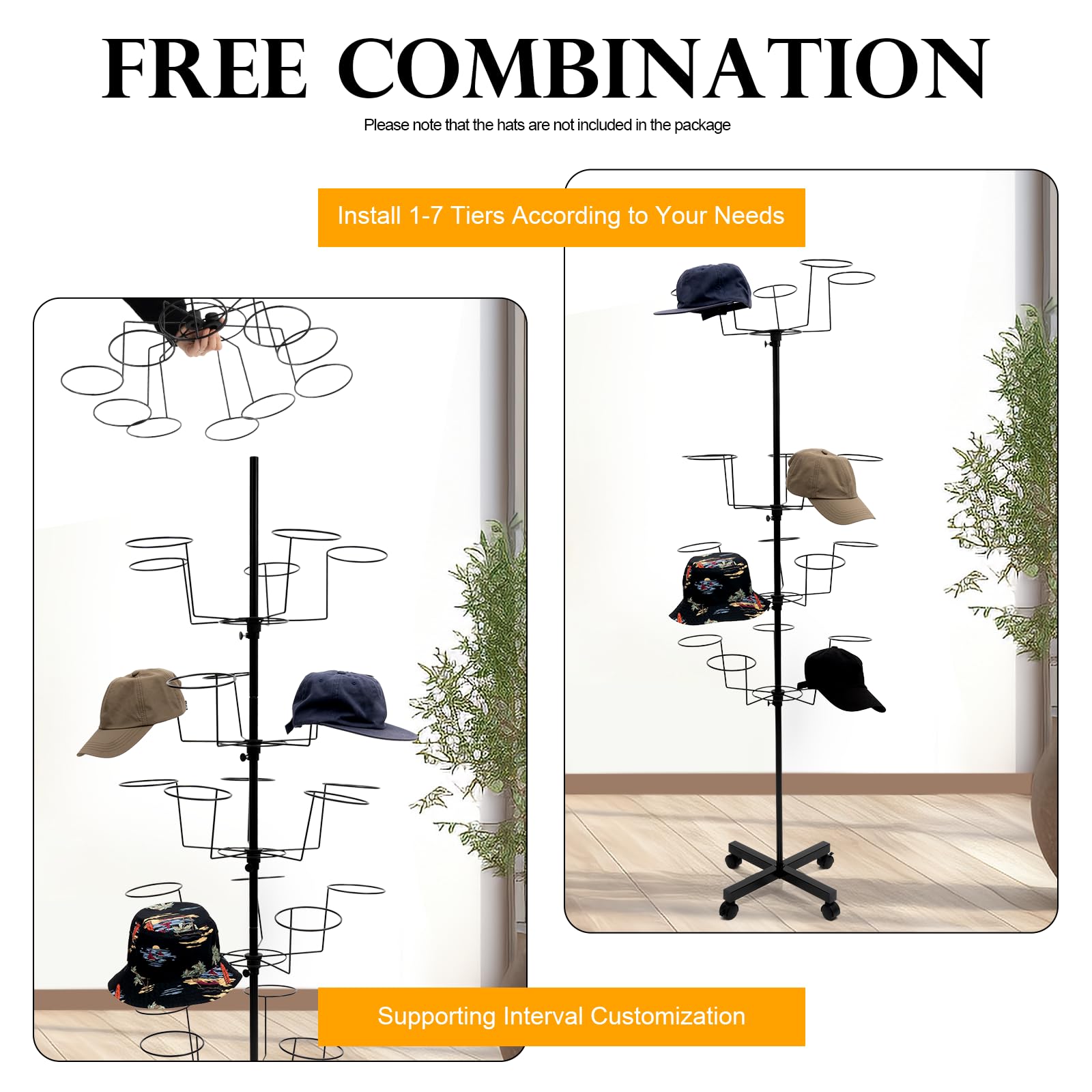 Supporto per cappelli in metallo, grande appendiabiti commerciale, per cappelli, stand indipendente, girevole per guardaroba, negozio, ufficio (57 x 170 cm)