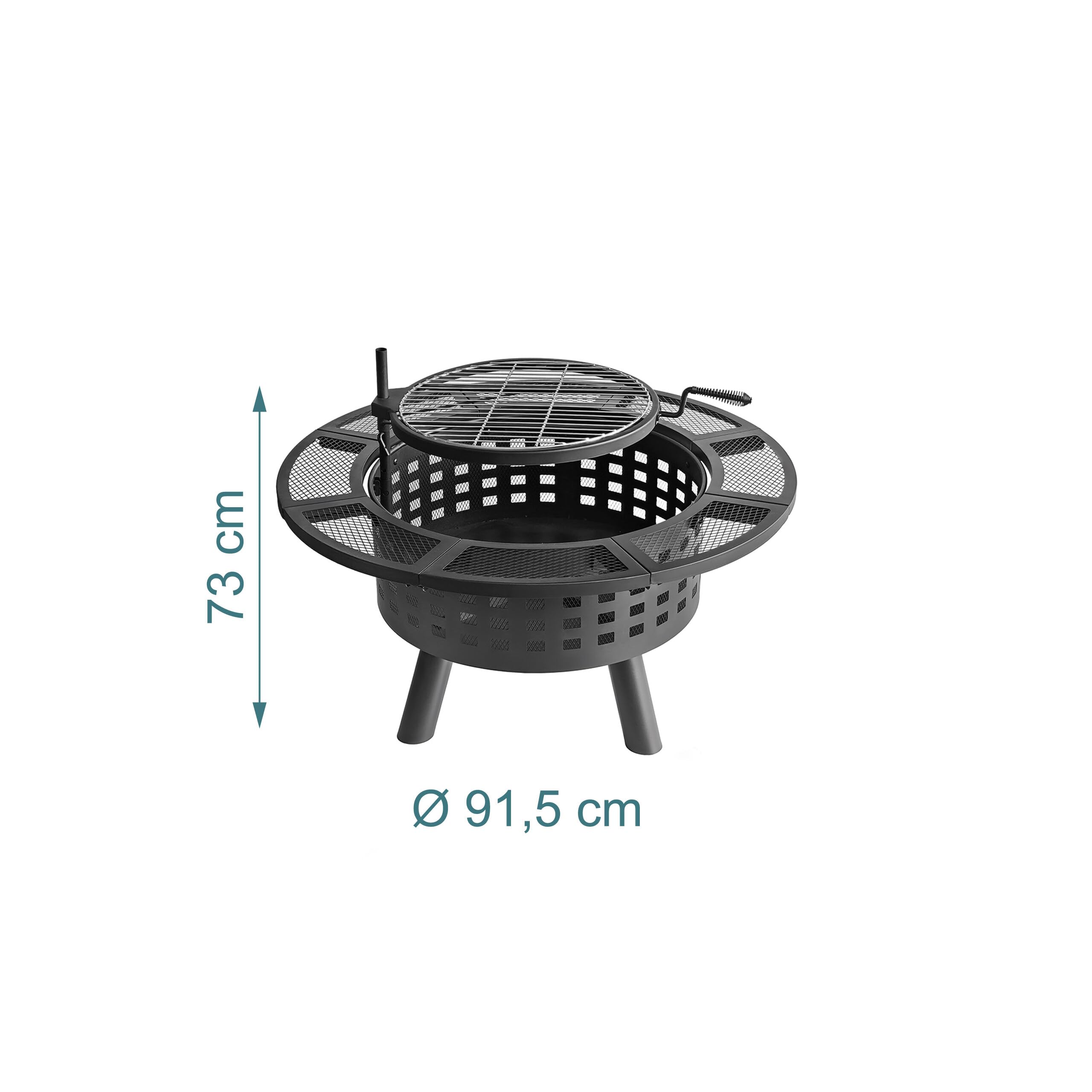 Relaxdays Braciere, Ø 91,5 cm, griglia 360° Regolabile, Coperchio, attizzatoio, da Giardino, Nero
