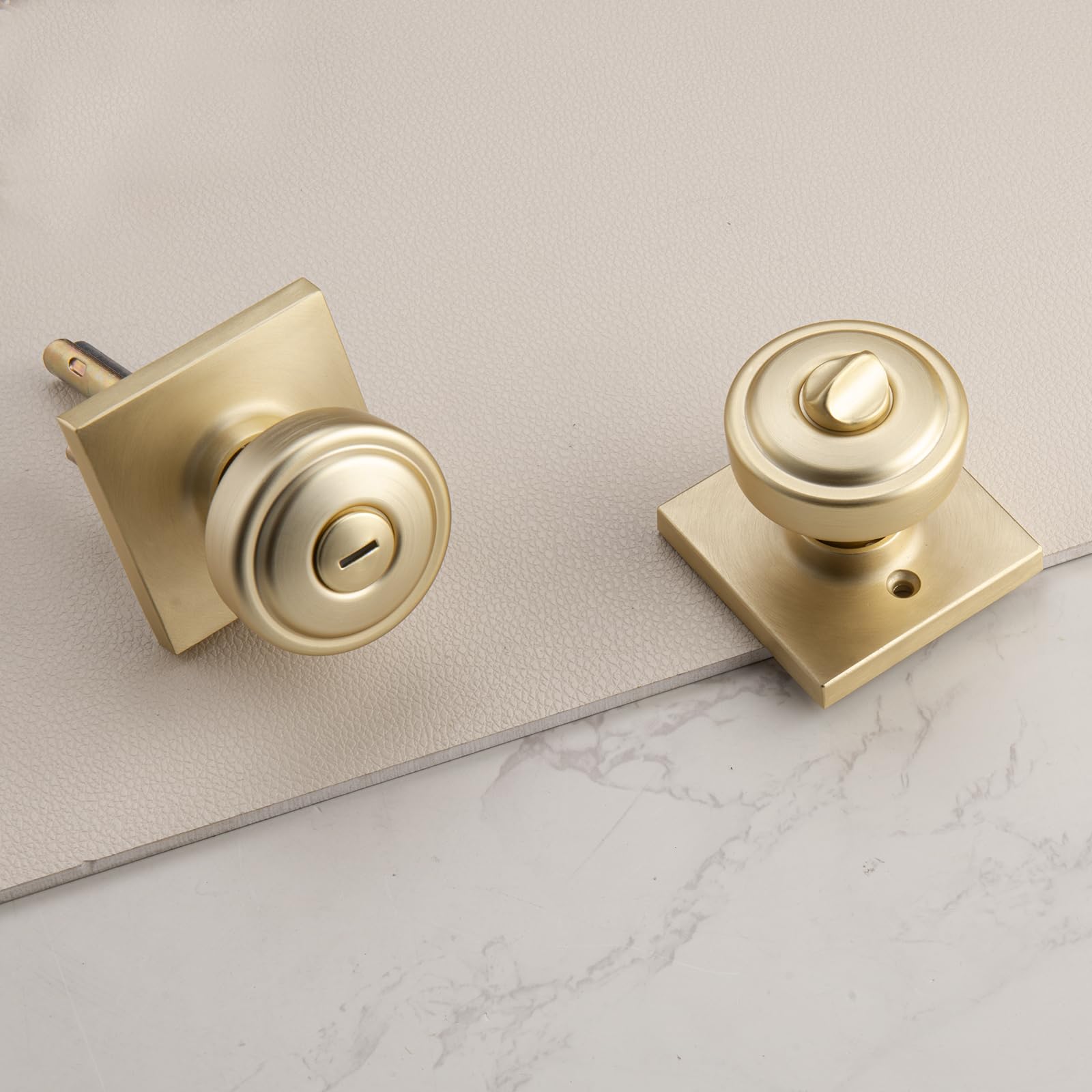 Ncsen Brushed Gold Door Knobs With Lock And Keys For Exterior Door, Pismo Knob & Aluminum Round Rosette For Interior Bedroom & Living Room