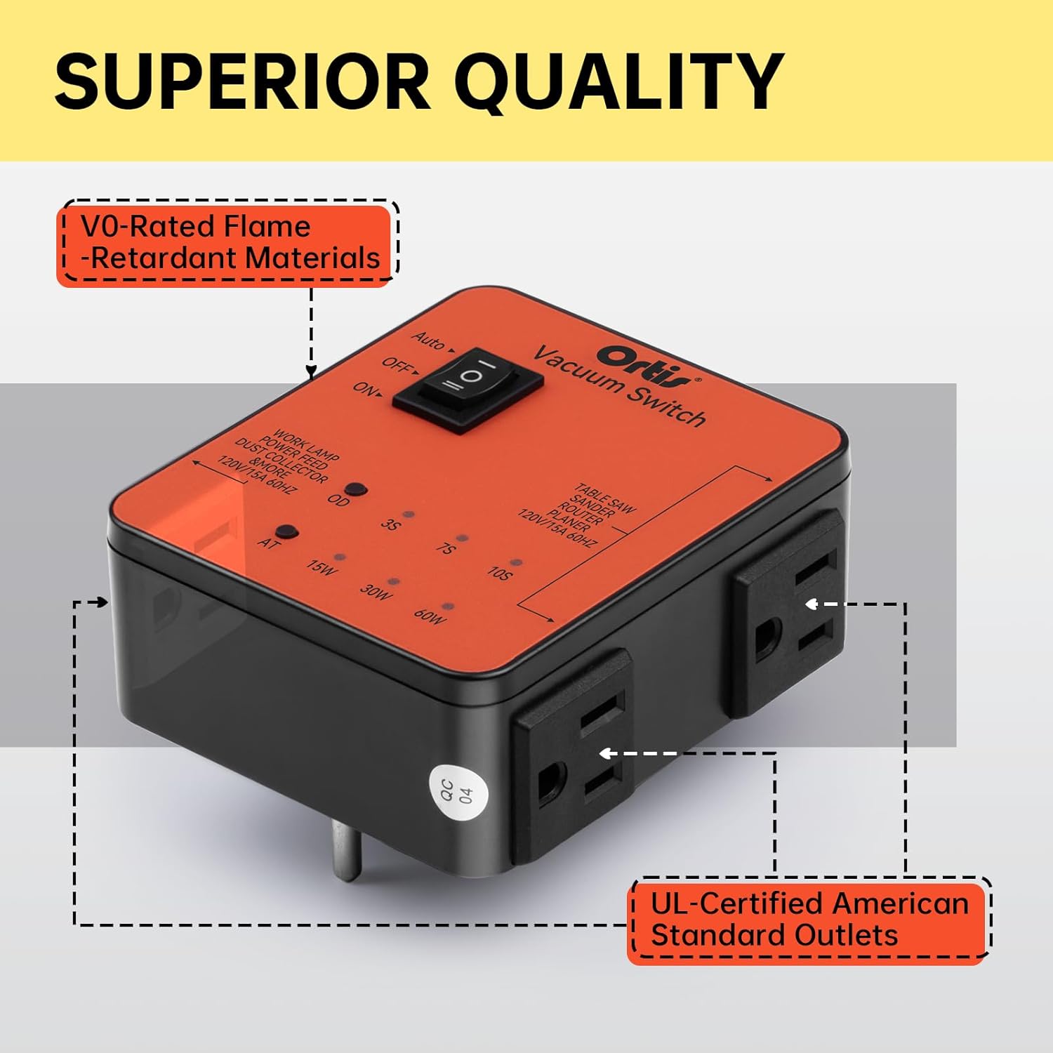 Automatic Vacuum Switch, Ortis Plug in Dust Control Autoswitch for 2 Power Tools, Auto/On/Off Modes, Adjustable Start & Delay-Off for Cleaner Air, Smoother Workflow, Orange