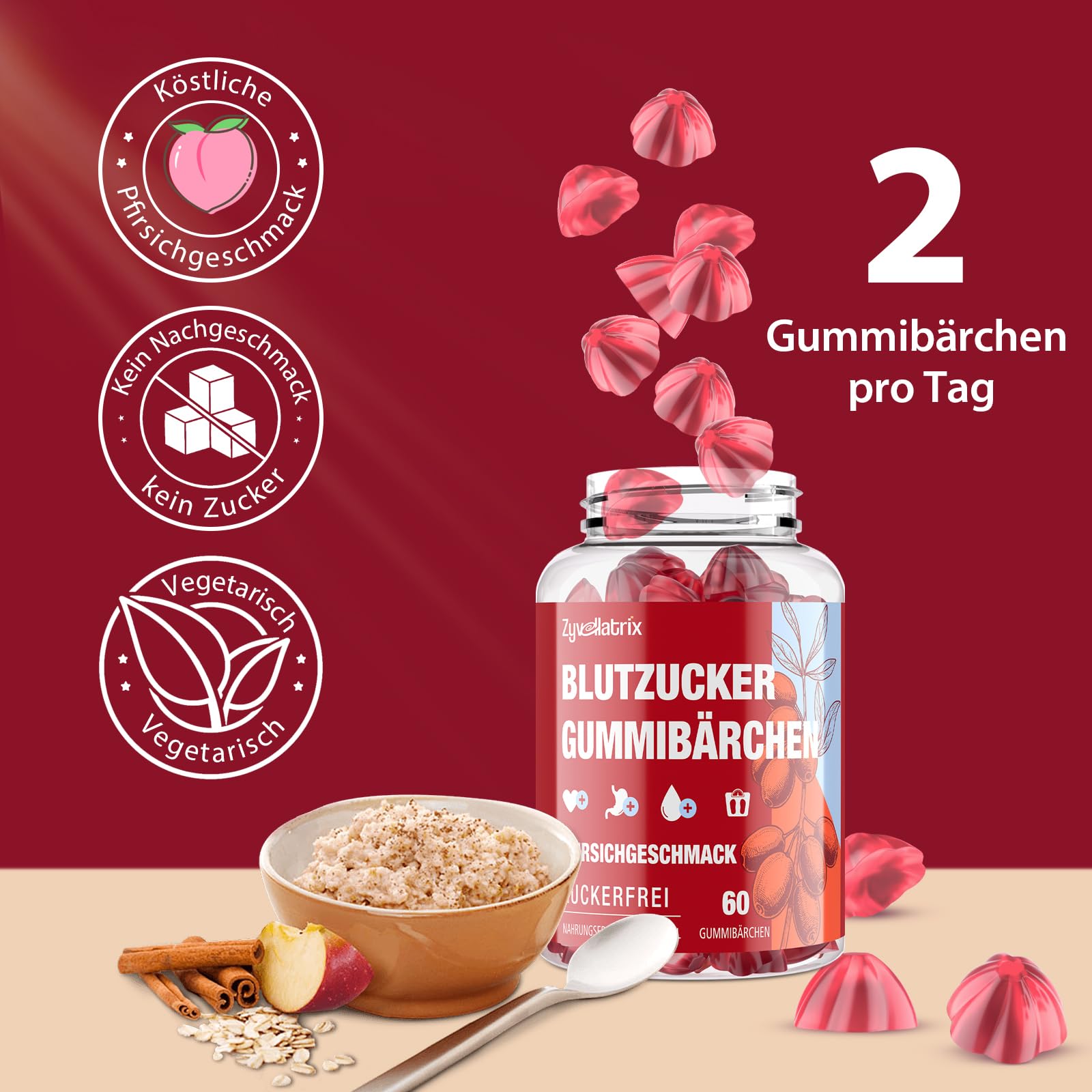 Berberin Gummies – 2000mg Hochdosiert Berberine – mit Ceylon-Zimt, Kurkuma, Schwarzem Pfeffer, Magnesium & Chrom – Zuckerfrei, Vegan – Unterstützt Gewichts & Herzgesundheit – 60 Pfirsich Gummibärchen