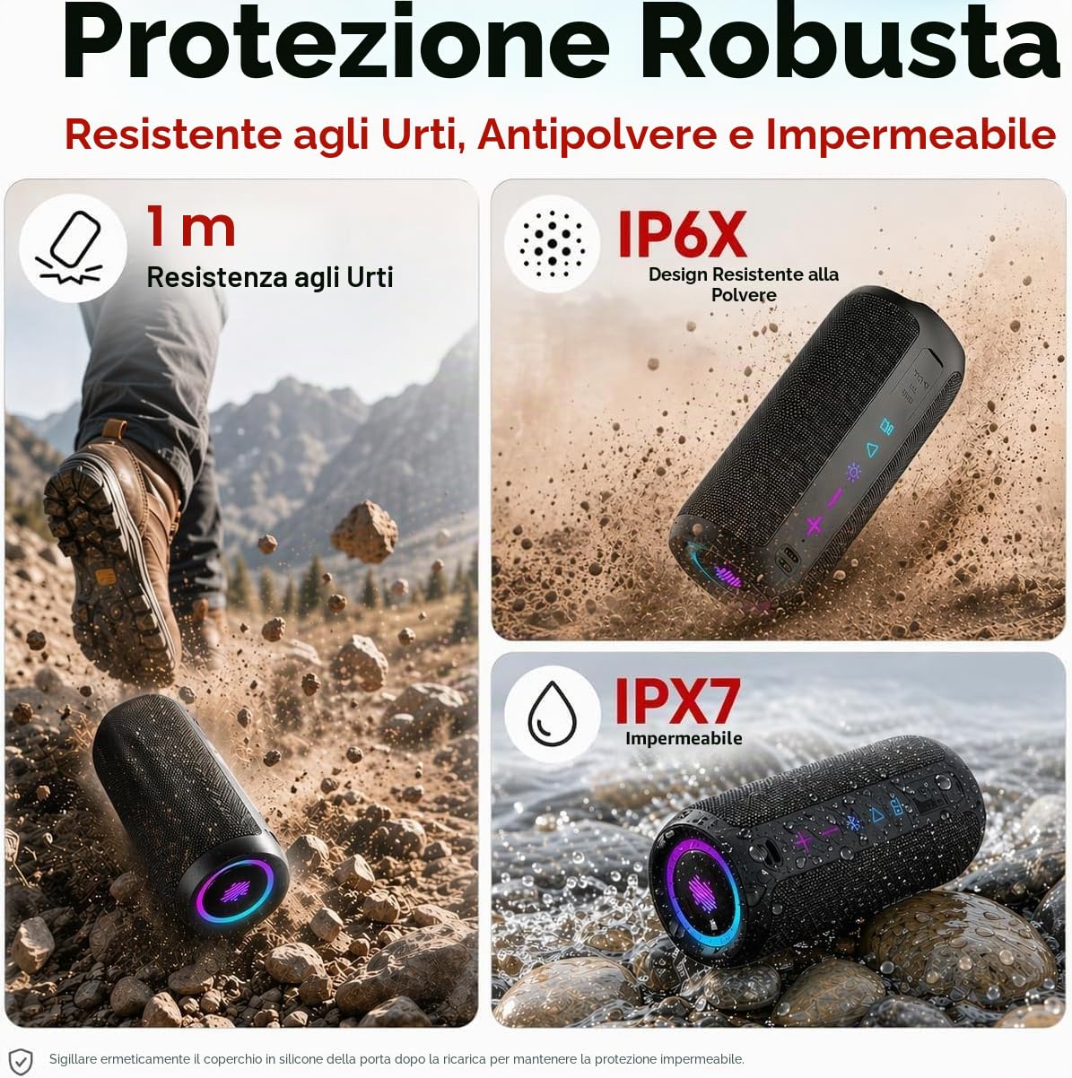 TIMU Cassa Bluetooth Portatile Potente, Altoparlante Bluetooth 5.4 con 2 Modalità EQ, IPX7, TWS, 24H di Autonomia, 8 Modalità RGB, Cinghia da Trekking, Compatibile con PC, AUX, TF