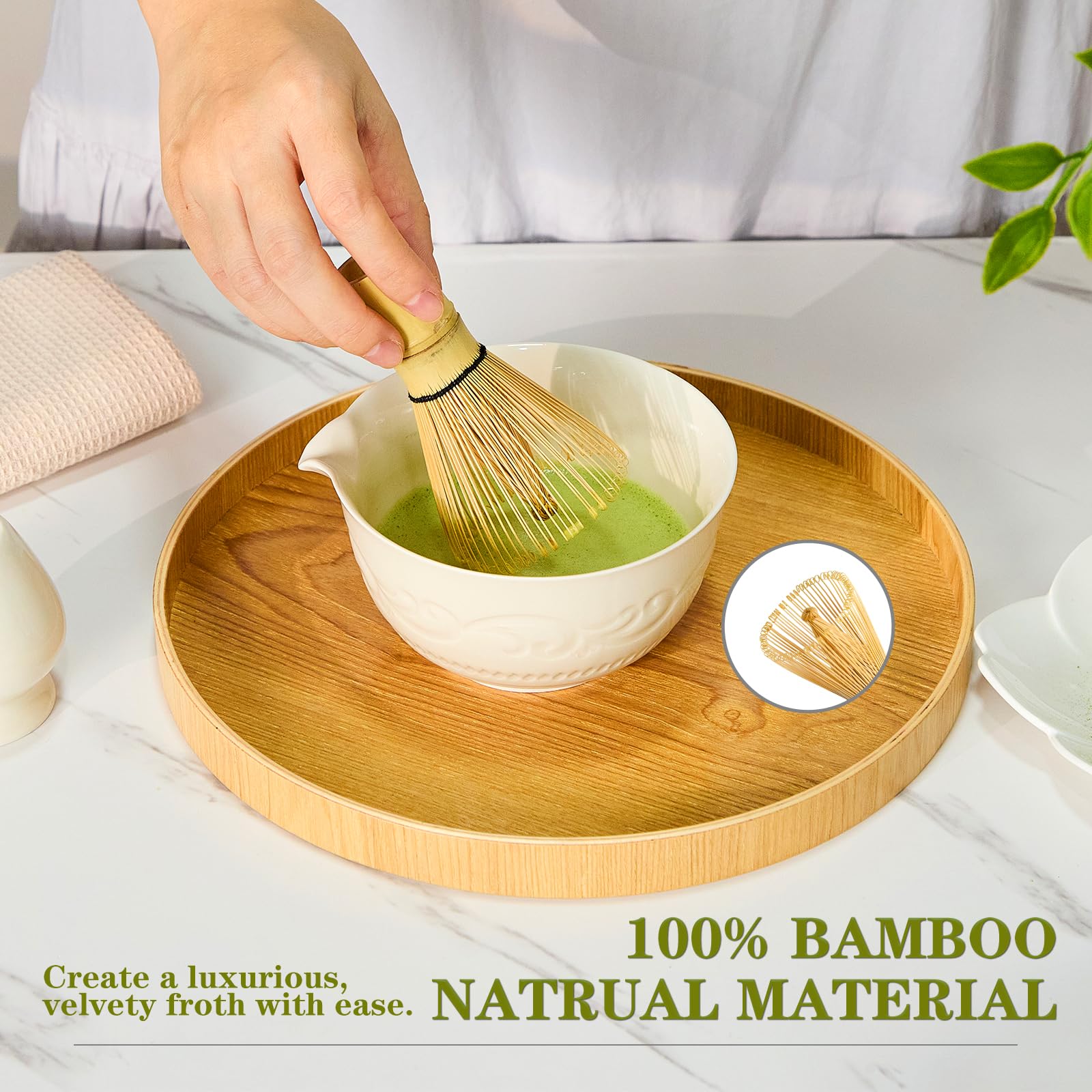 Matcha-Schneebesen-Set, Keramik-Matcha-Teeset mit Schüssel, Schneebesen und Halter, Bambusschaufel, Schaufelablage, Sieb und Geschirrtuch, 7-teiliges Set für Zeremonie (weiß)