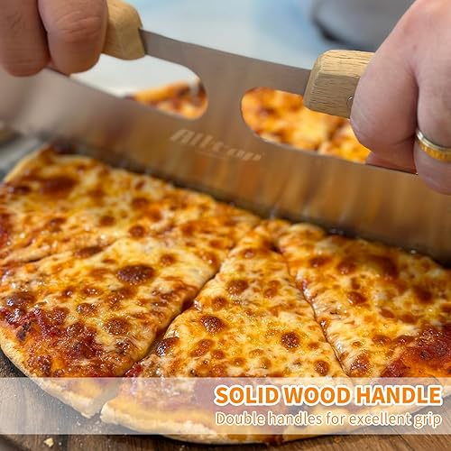 Miniatura 4 de ALLTOP Cortador de pizza, cuchillo de hoja de acero inoxidable con doble mango de madera y cubierta de plástico, rebanadorapicadora de pizza grande,