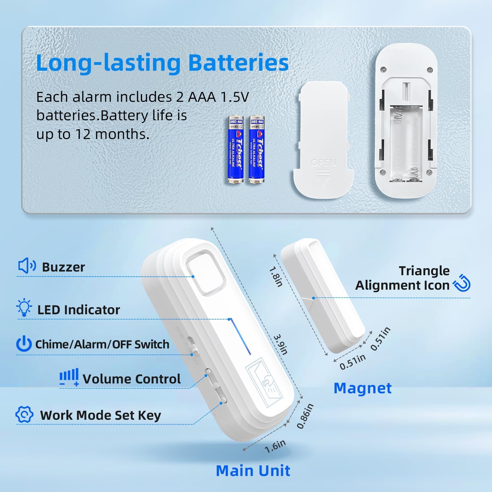 SanJie - Alarma de puerta con alertas instantáneas y retardadas de 30 s/1 min/2 min/4 min, alarma de ventana de puerta para seguridad de los niños/seguridad del hogar, volumen de 0-120 dB, alerta