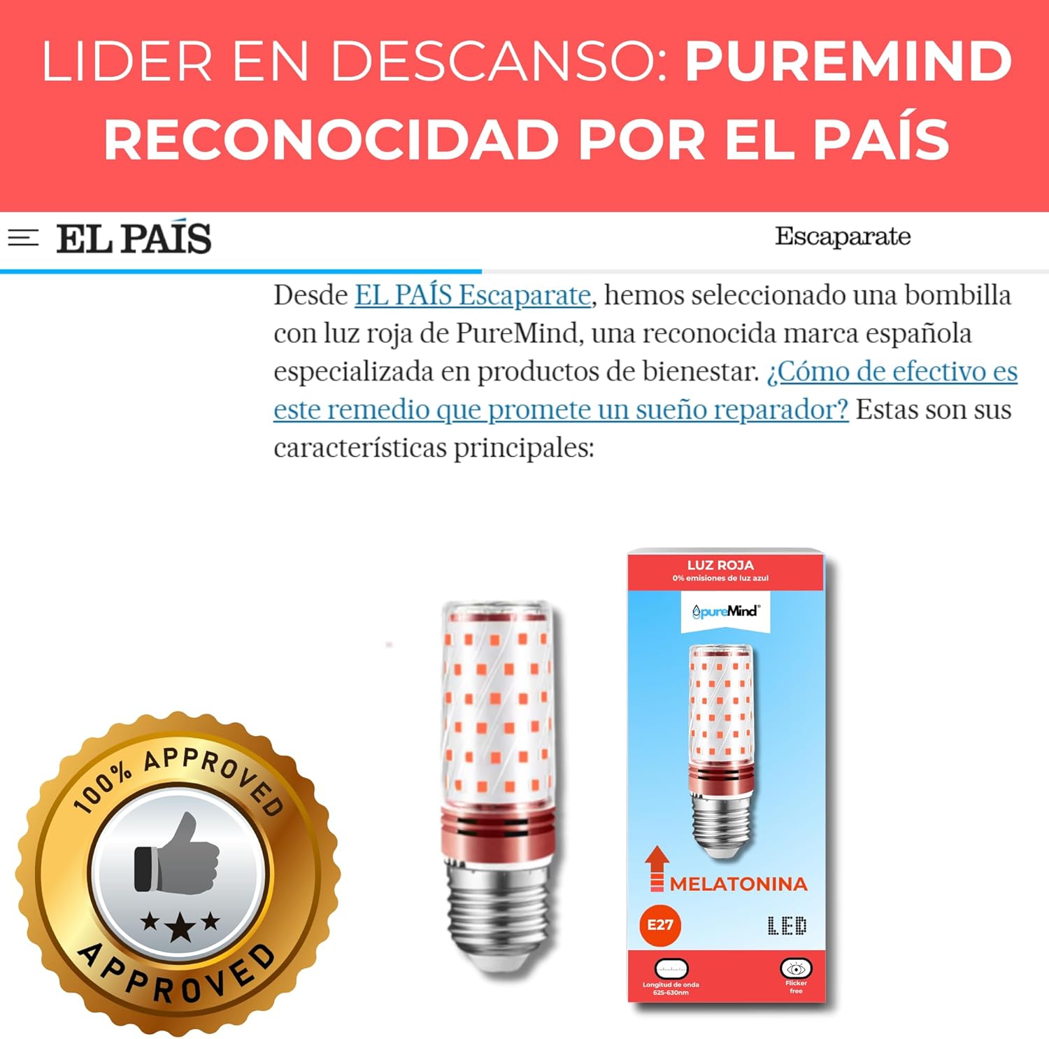 Puremind Luz Roja Nocturna Melatonina E27 - Bombilla Roja Terapia para Dormir - Tecnologa Flicker Free + 0% Luz Azul + Rosca Estndar + Mejora del Ritmo de Descanso