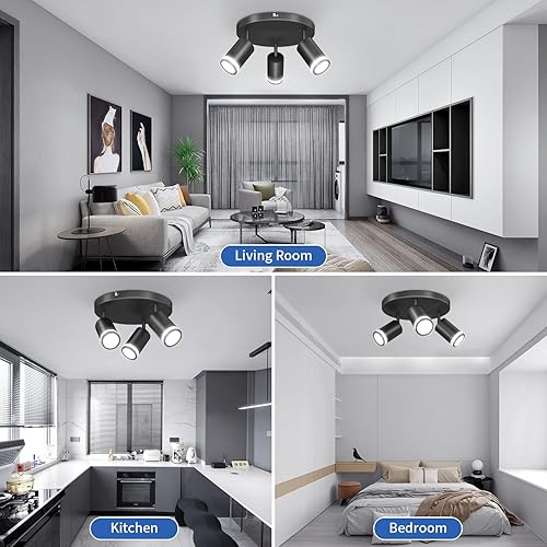 Miniatura 7 de ABA - Focos de techo para interiores 3 luces LED semiempotradas, lámpara de techo ajustable GU10 con difusor acrílico, luz direccional redonda negra