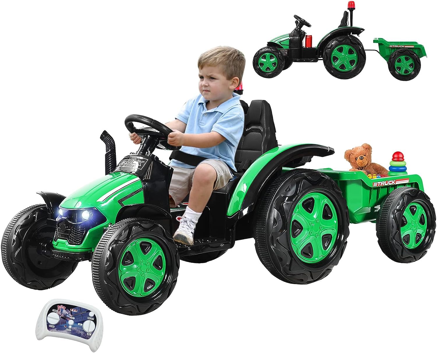 GOPLUS 12V Tracteur Électrique avec Remorque, Voiture Électrique Enfants 1 Place avec Télécommande 2,4G,Véhicule Convient aux Enfants de 3 à 8 Ans avec Lumières, Musique (Vert)