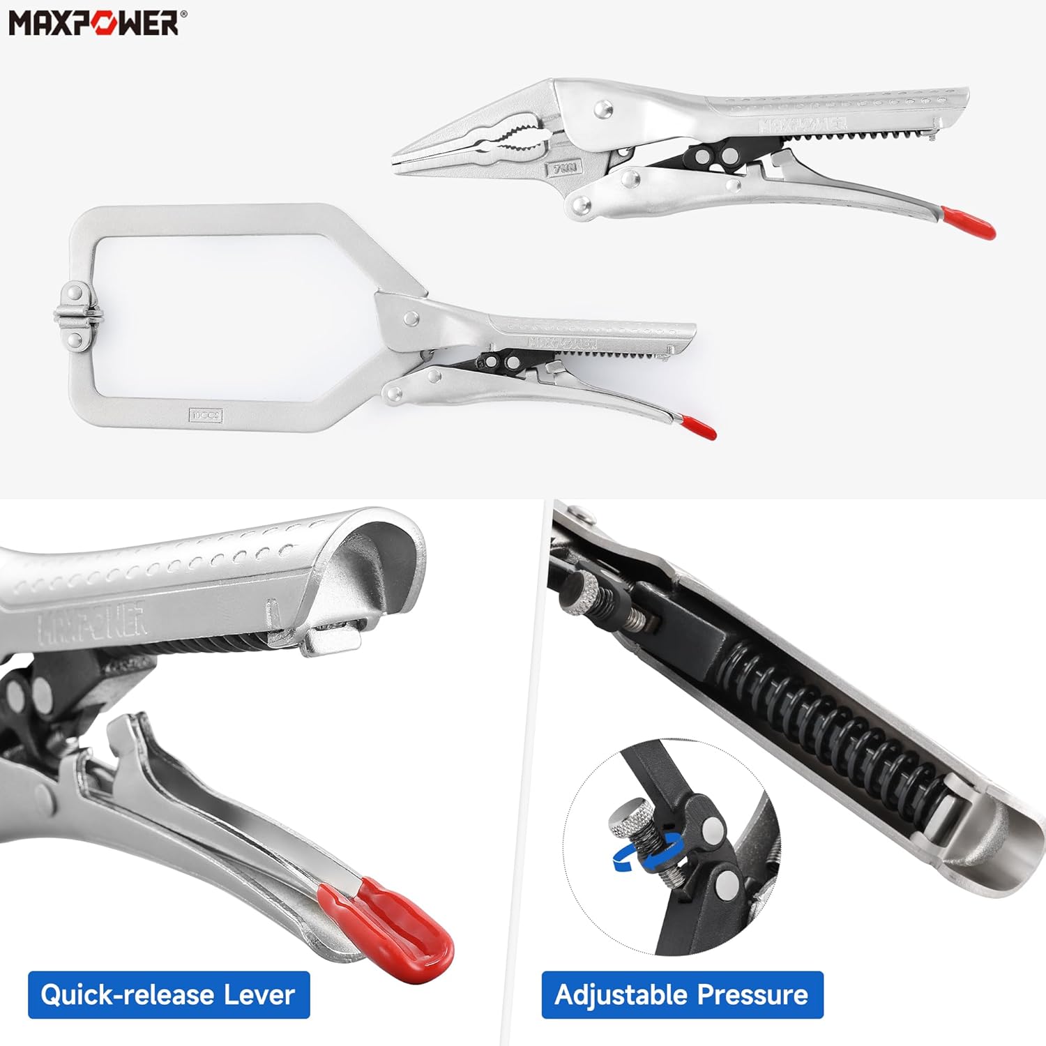 MAXPOWER 2 Pieces Self-adjusting Locking Pliers Clamp Set, 7 inch Long Nose Pliers, 10.5 inch Locking C Clamp