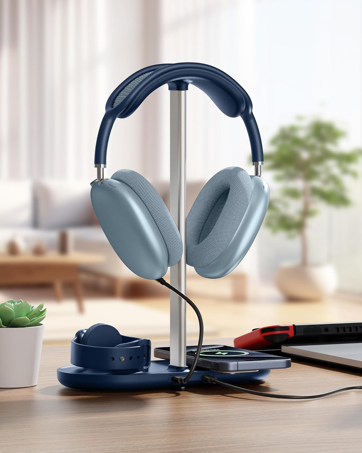 HiWe 3-in-1 Headphone Stand - Universal Desktop Gaming Headset Holder with Wireless Charger for Phones/AirPods/iWatch, Aluminum Alloy Rod, Leather Pad, ABS Solid Base, Blue