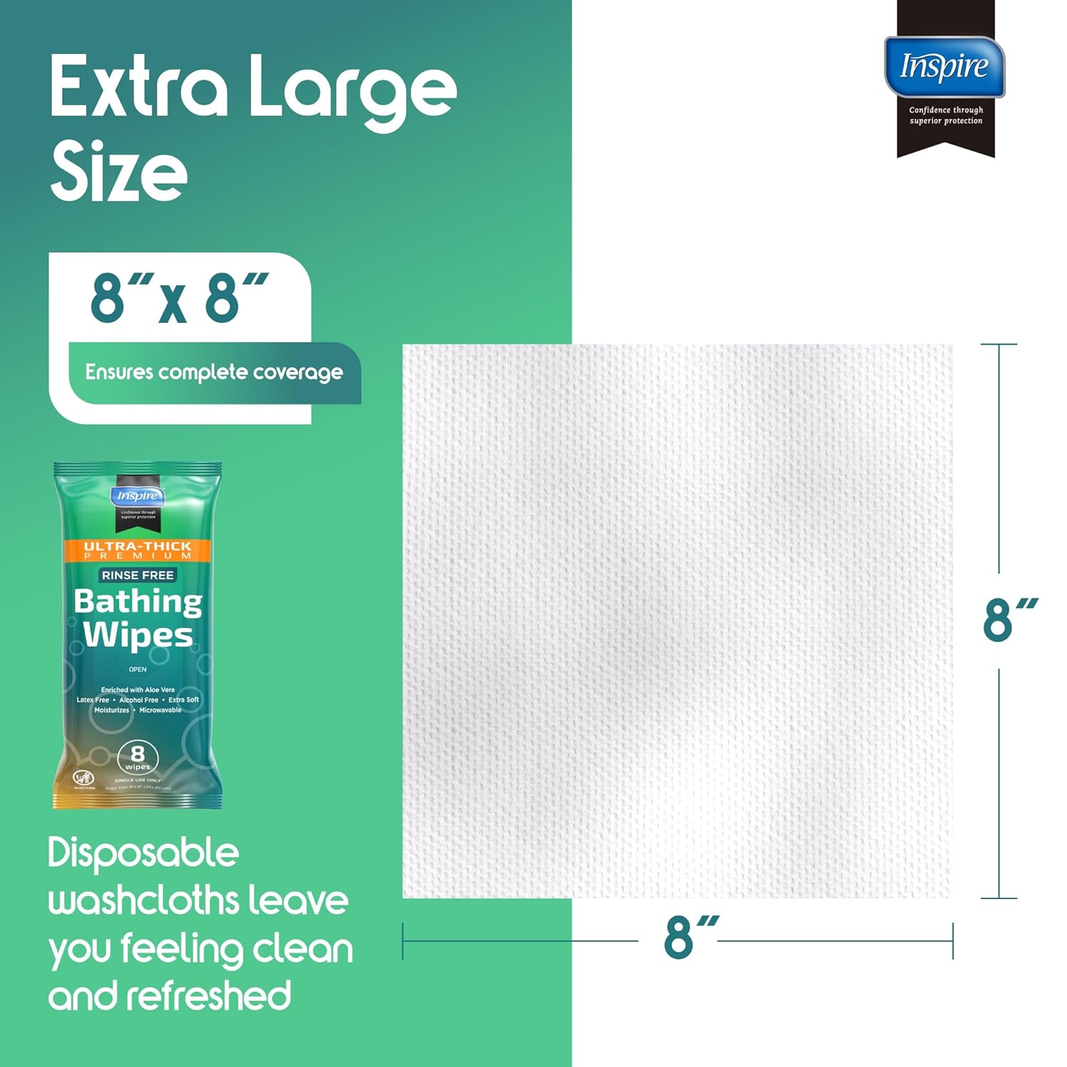 Inspire Ultra Thick Rinse Free Body Wipes, Bathing Wipes, Rinse Free Wet Wipes, Thick Strong Extra Large With Aloe Vera Enriched
