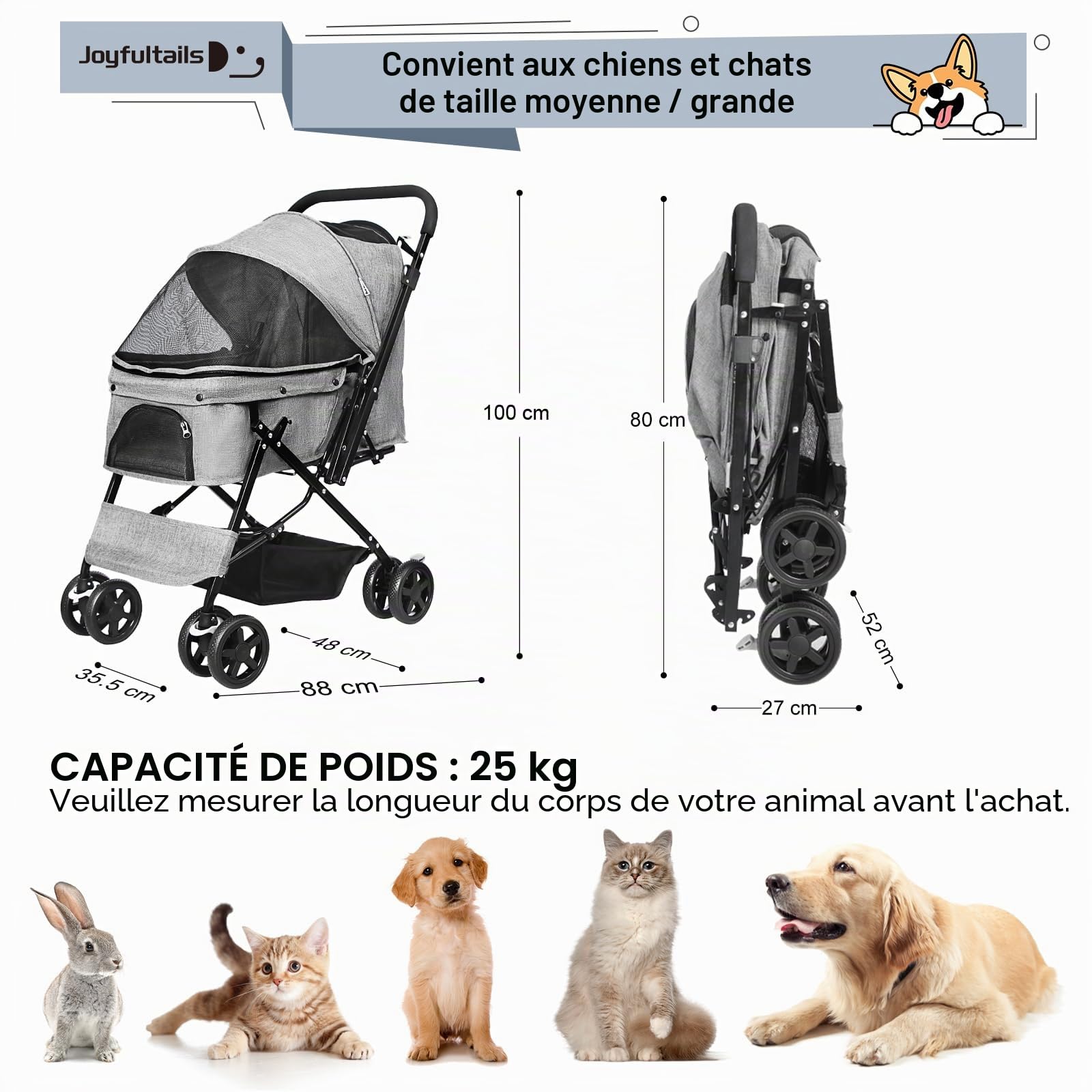 Poussette Pliable Chien/Chat 20kg Capacité - Buggy Tout Terrain avec Toit Amovible, Poignée Ergonomique et Roues Verrouillables & Housse Imperméable, Gris
