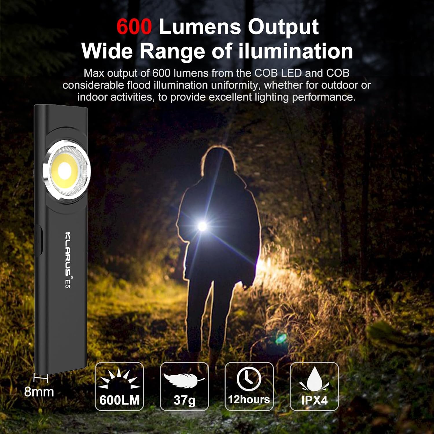 klarus E5 Pocket Flashlight, Rechargeable EDC Flashlight, Super Slim 4.2x1x0.3inch, 600 Lumens, USB-C Port, IPX4, Dual Light Source with Magnetic Base, Hat & Clothes Clip - Black - Image 2