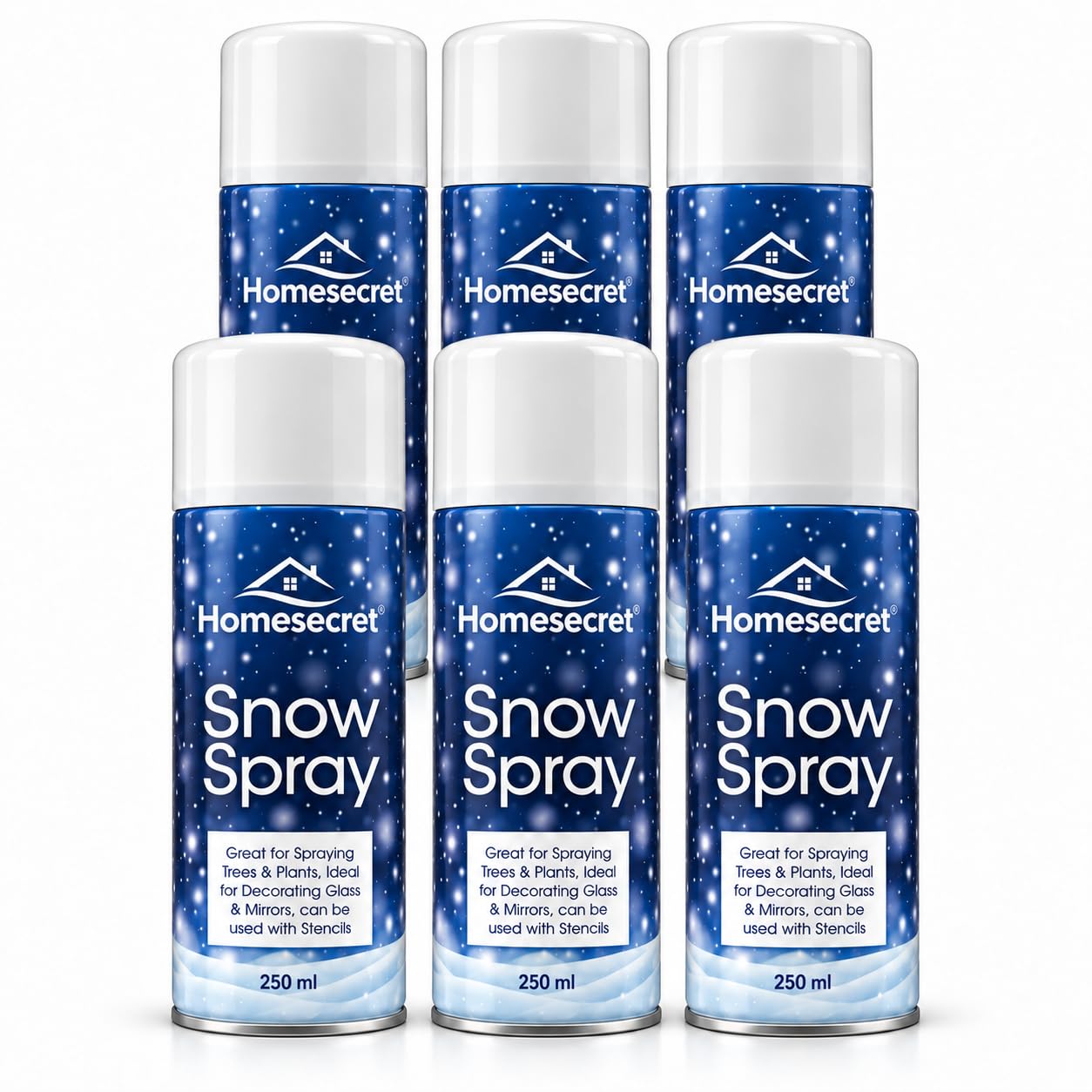 Pack of 6 Snow Spray 1500ml (250 x 6) - Artificial Snow Can for Christmas Tree, Wreath, Glass & Window Decorations, Instant Realistic Christmas Decorations with Fake Snow Spray for Crafts&DIYs