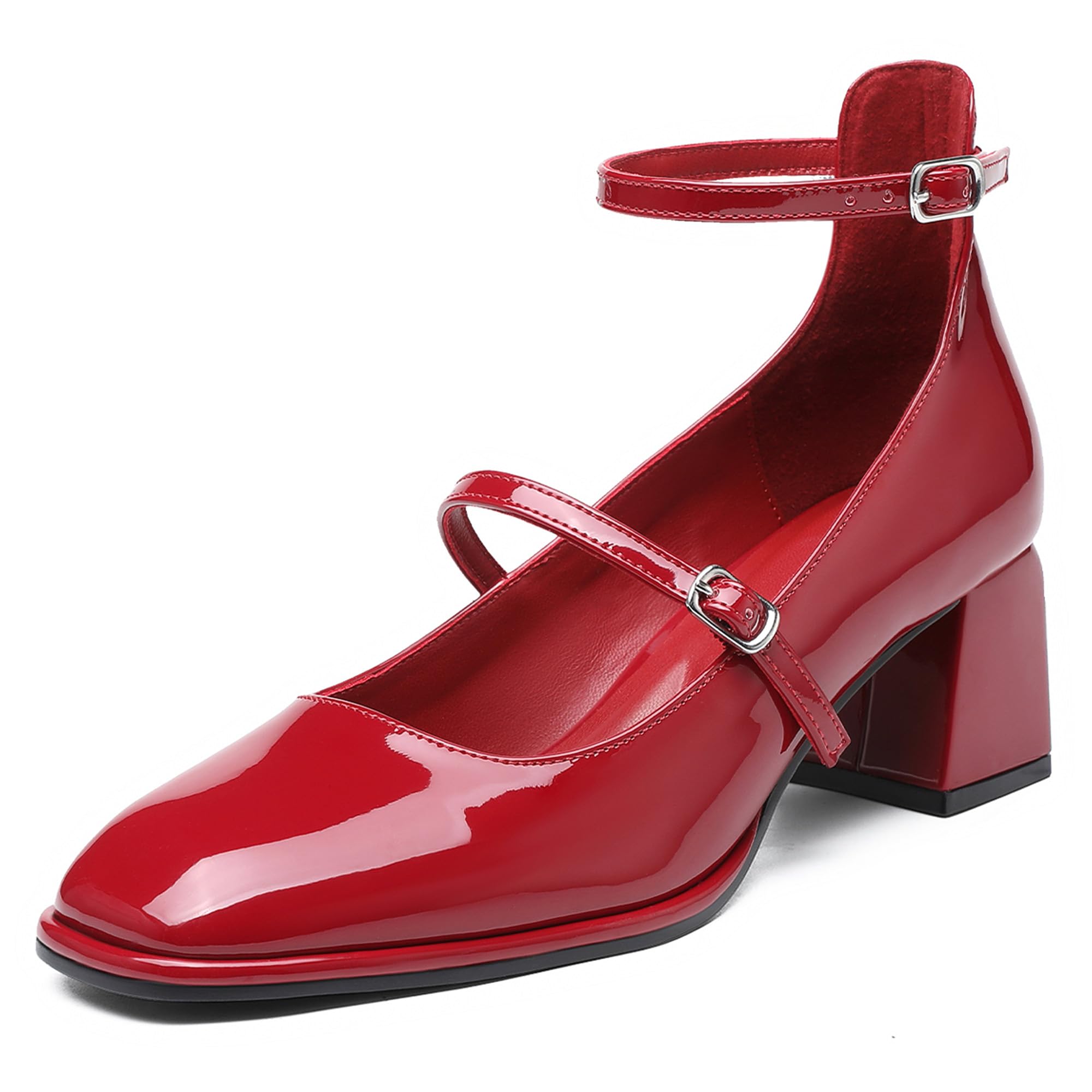 NEWBELLA Women Vintage Patent Chunky Heeled Mary Jane Pumps