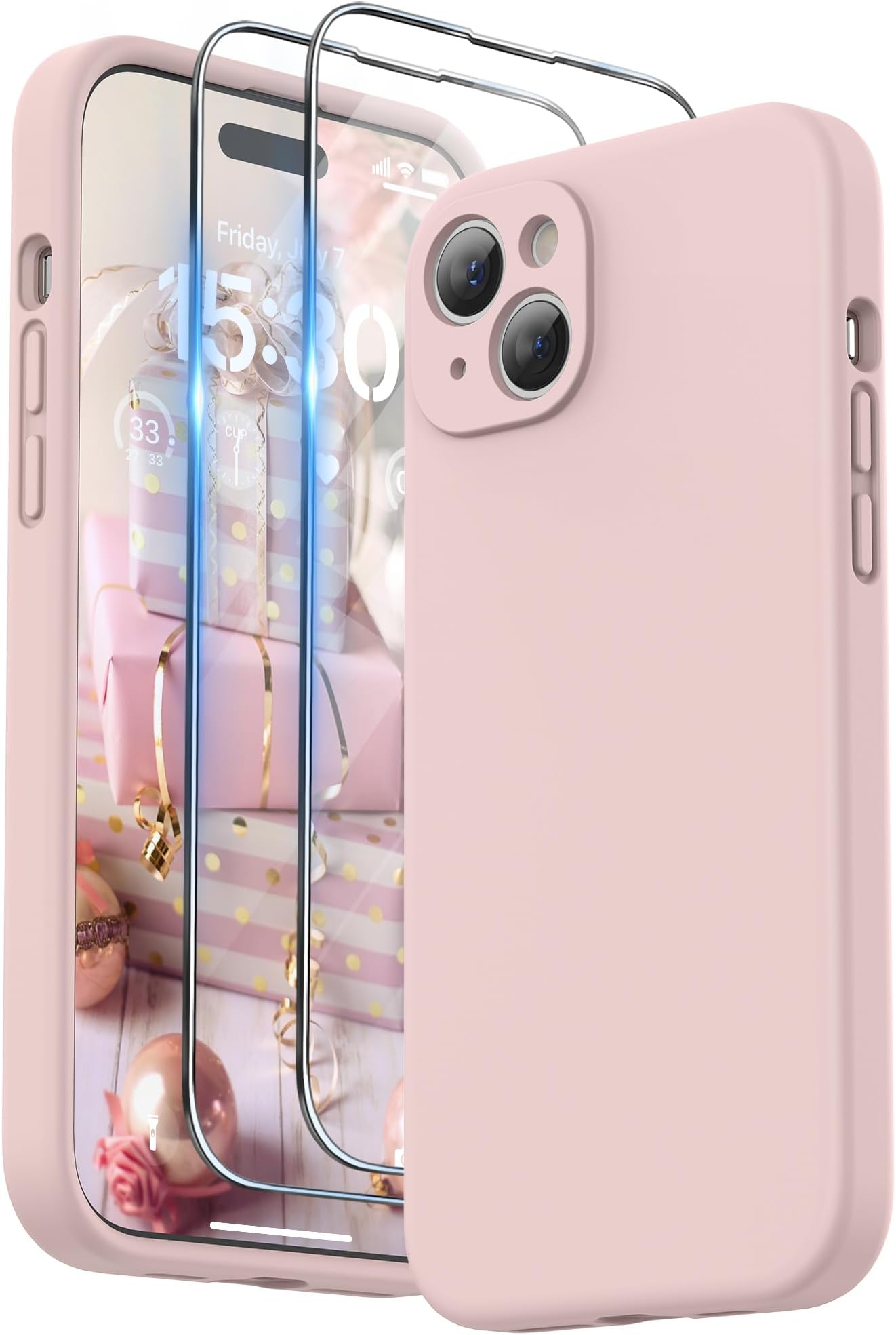– Design for iPhone 15 Plus Case, Liquid Silicone Protection for Each Lens [2 x Screen Protectors & 1 x Lanyard] Shockproof Cover for iPhone 15 Plus 6.7 inch 2023, Pink Sand