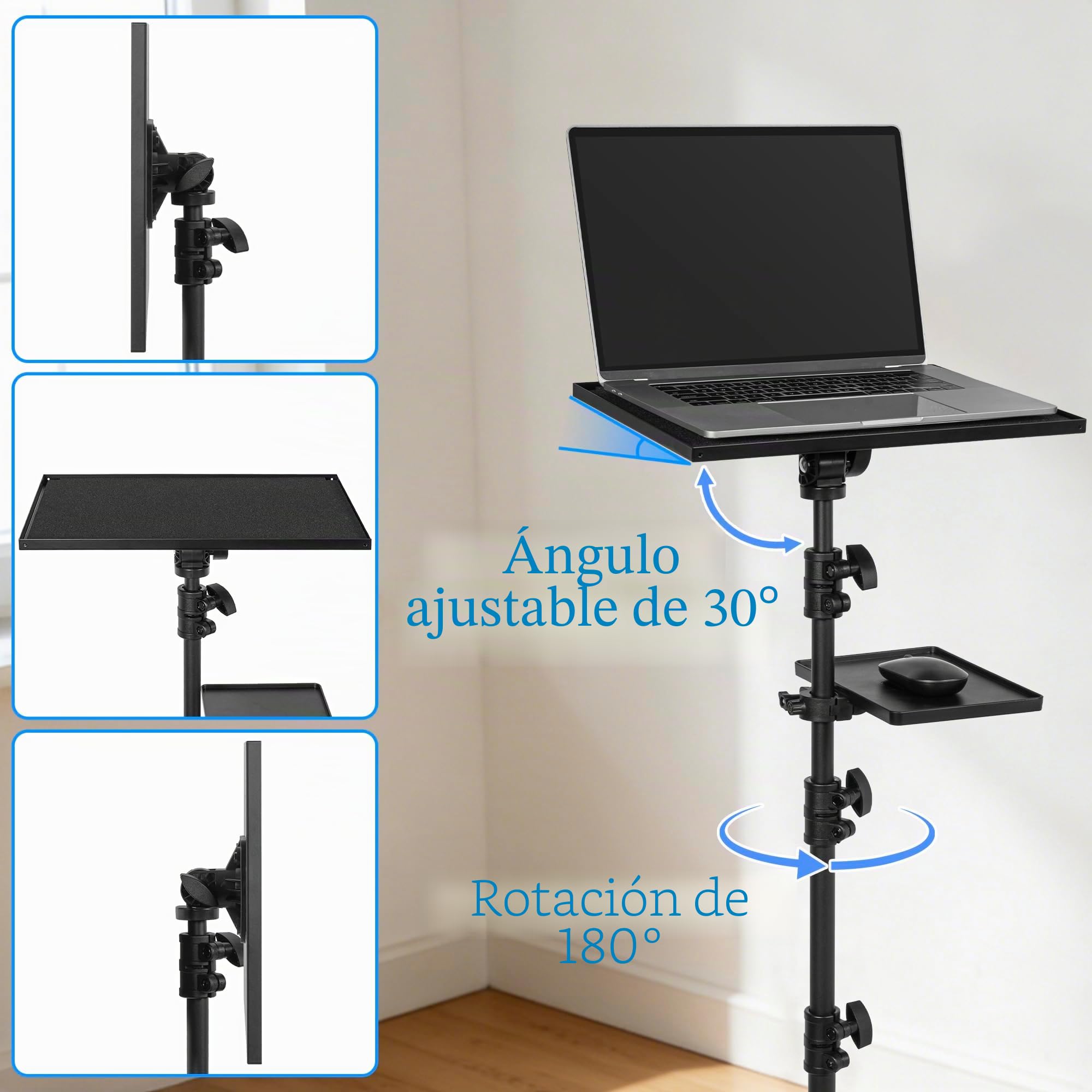 AKOZLIN Soporte de trípode para proyector con 2 estantes y 4 patas, portátil, ajustable, altura 65-130 cm, rotación de 180 grados para proyector, equipo de DJ, iPad