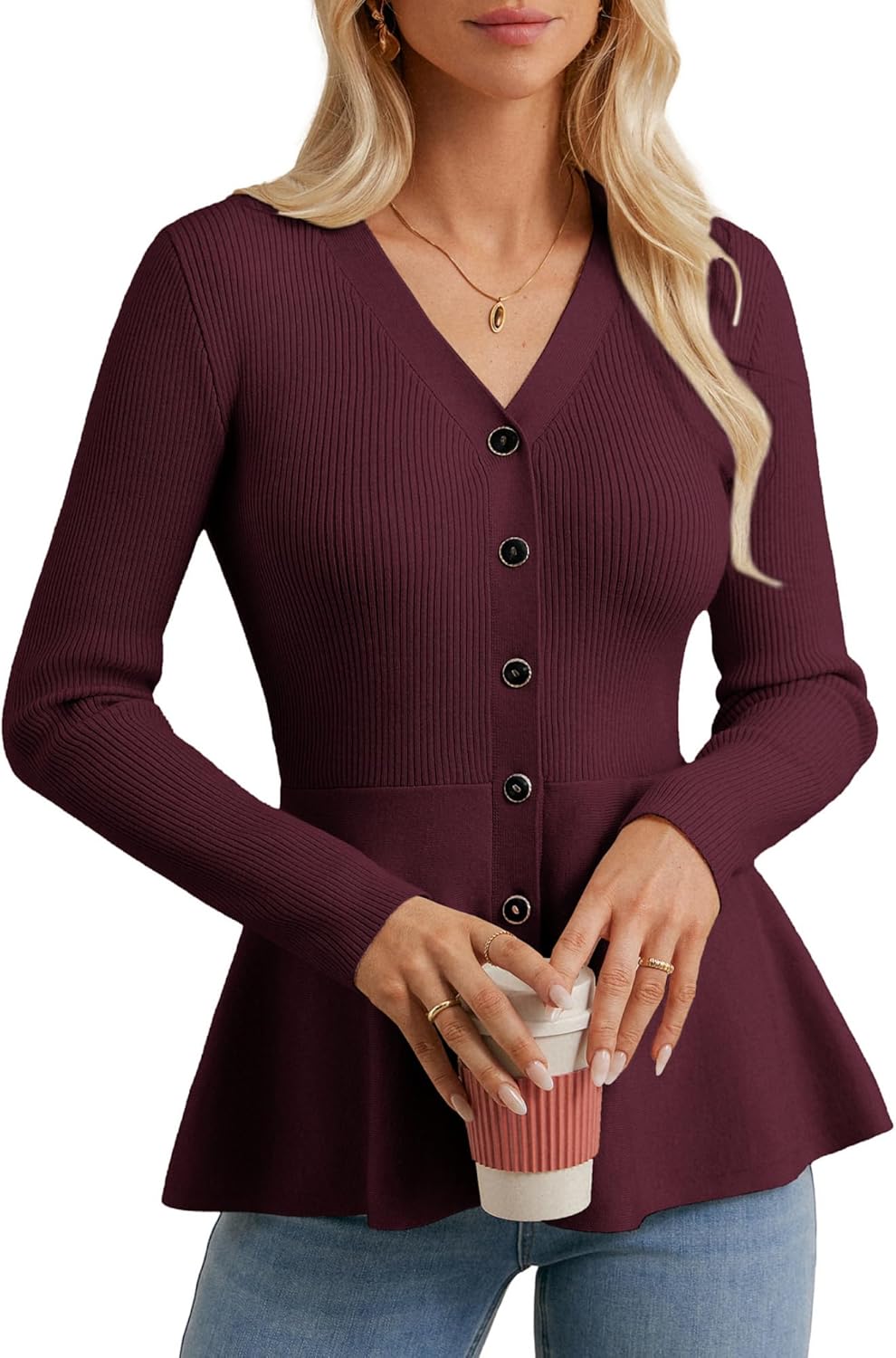 GRACE KARIN Long Sleeve Cardigan Sweaters for Women, Button Up Knit Blazer, Lightweight Business Casual Peplum Tops