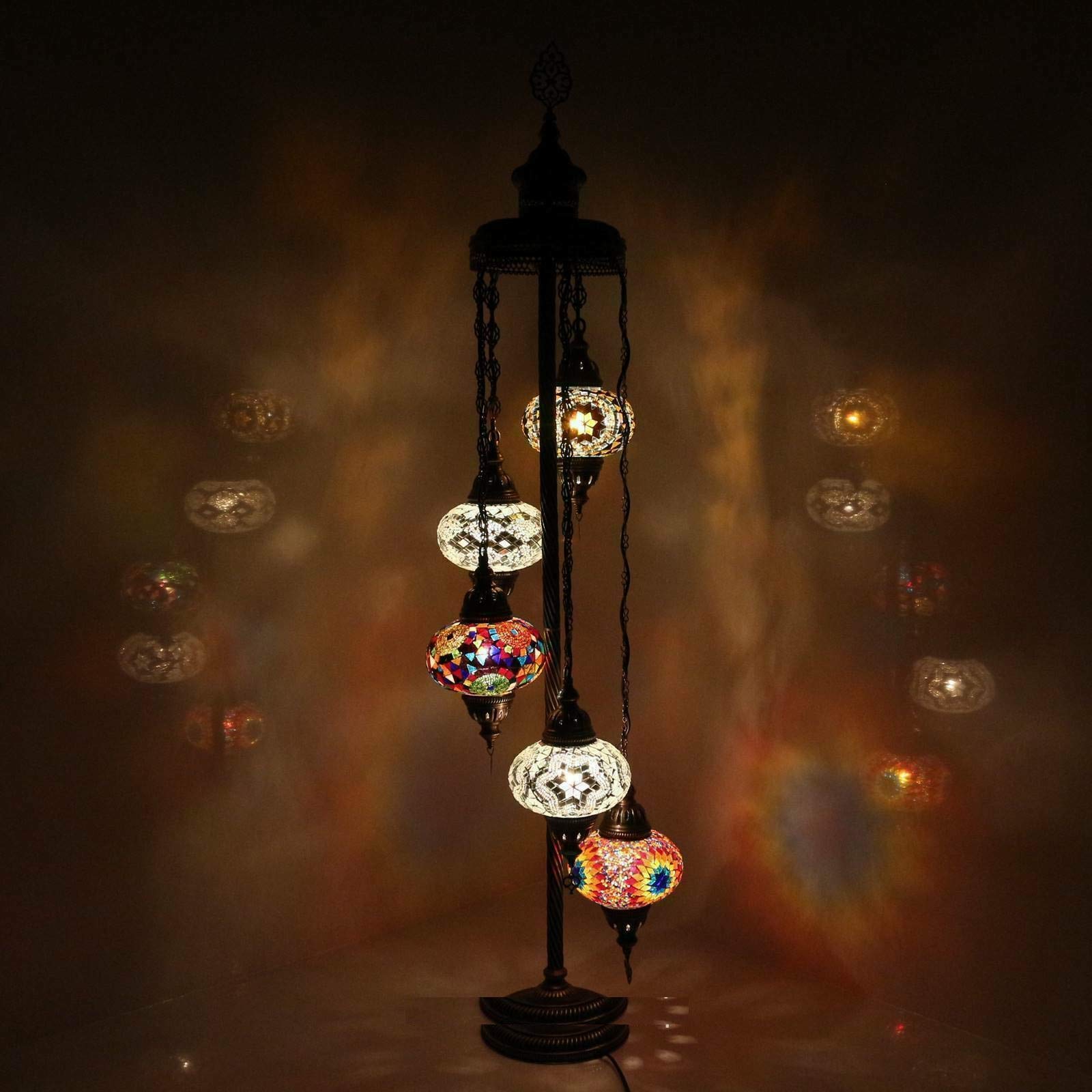 ENVA Turkish Moroccan Mosaic Floor Lamp Light, Handmade Glass Mosaic Multicolour Tiffany Floor Lamp Light 5 Large Globe-with LED Bulb