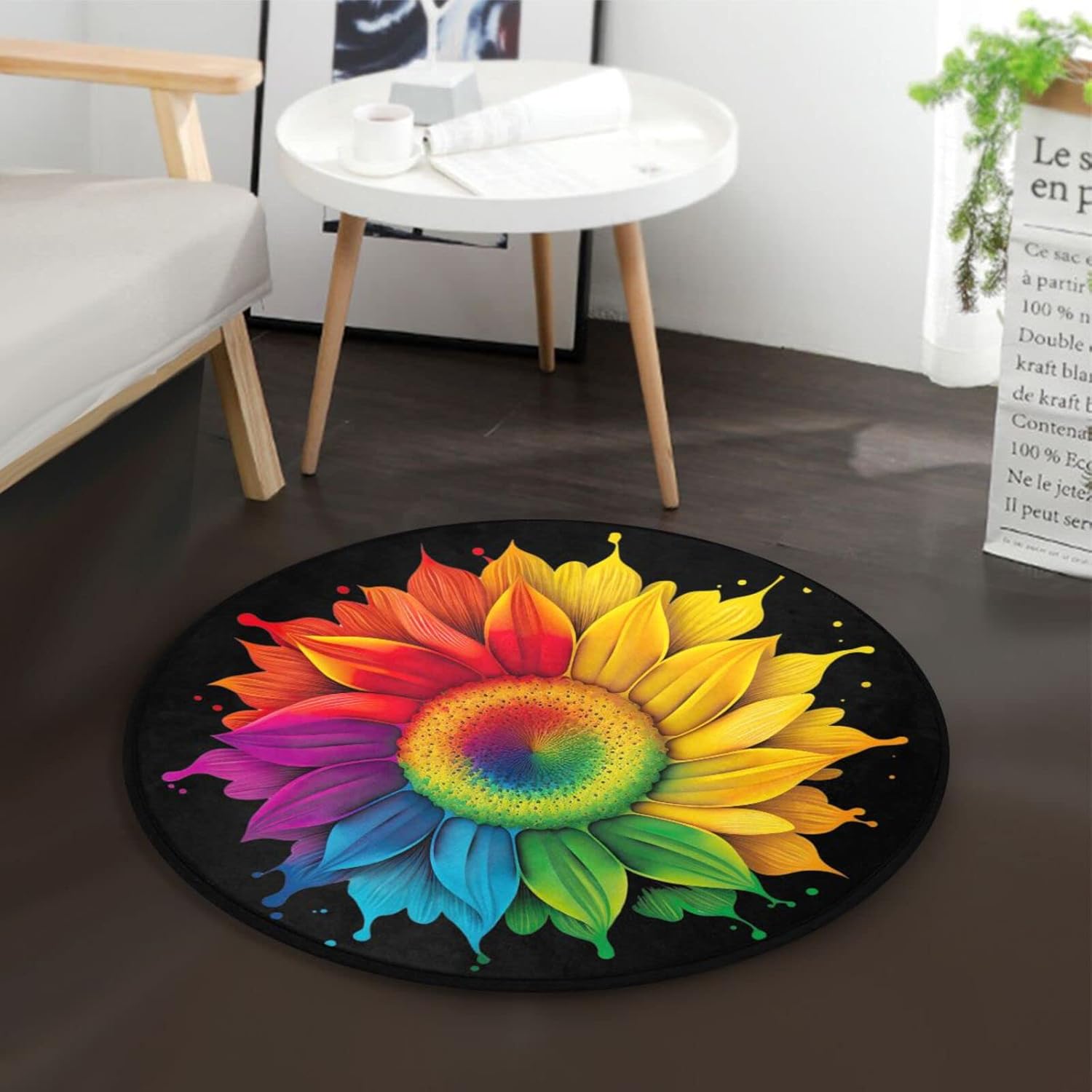Vnurnrn Round Area Rug (Rainbow Sunflower), Non Slip Indoor Throw Area Rug Washable Circle Carpet Floor Mat for Living Room, Door Entryway, Bedroom, Sofa, 3 Ft