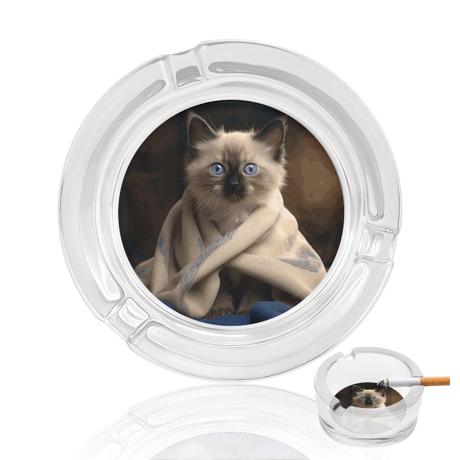 Cendrier anti odeur et vent avec couvercle chat en verre
