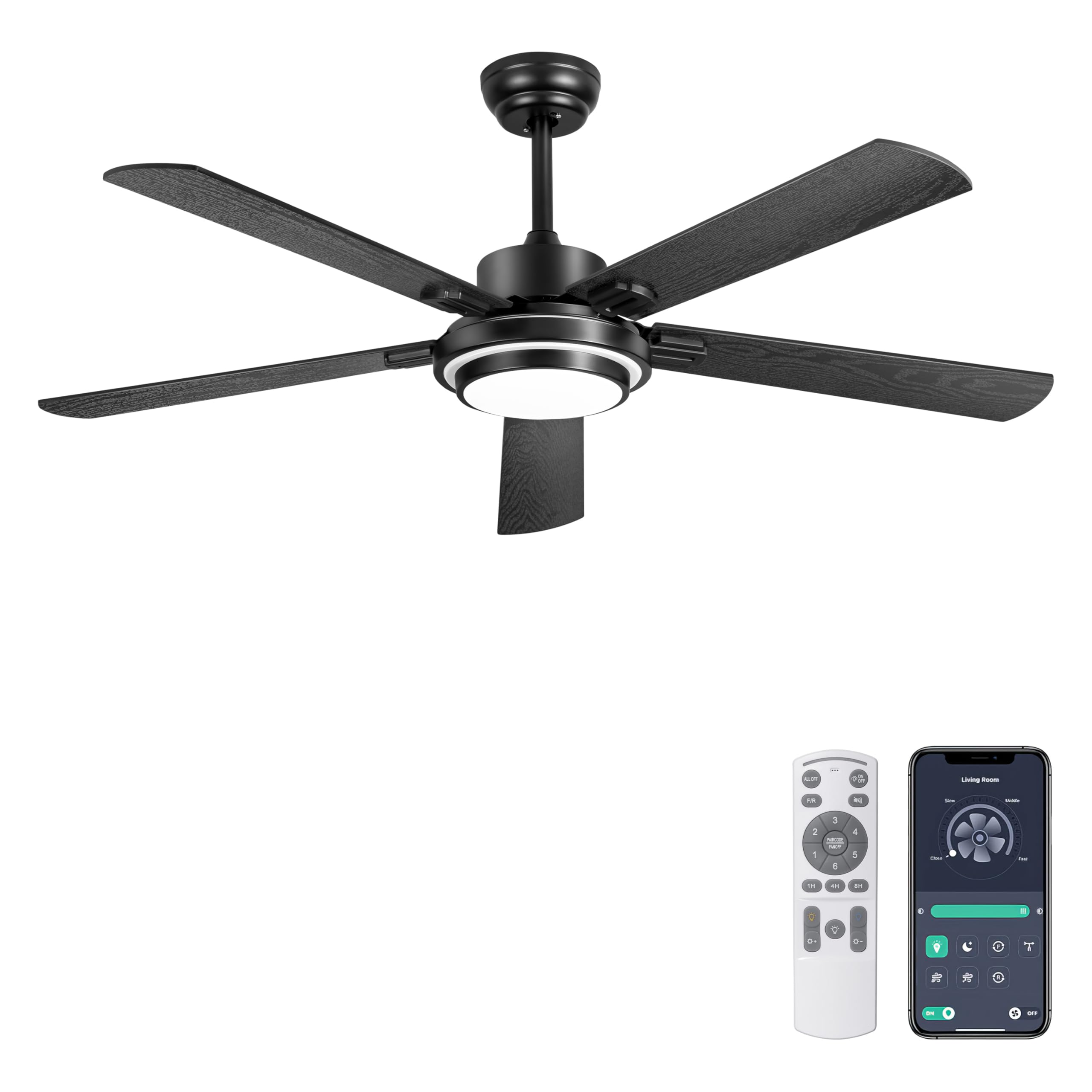 Ohniyou 52" Ceiling Fan with Light, Application and Remote Control, Dimmable, Reversible, Silent DC Motor, Black Ceiling Fan for Indoor and Outdoor for Bedroom (Black)