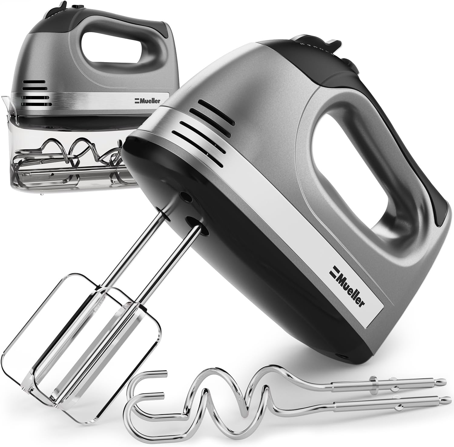 Mueller Electric Hand Mixer | 5 Speed 250W Turbo with Snap-On Storage Case | 4 Stainless Steel Accessories | Easy Whipping, Mixing Cookies, Brownies, Cakes, Dough Batters