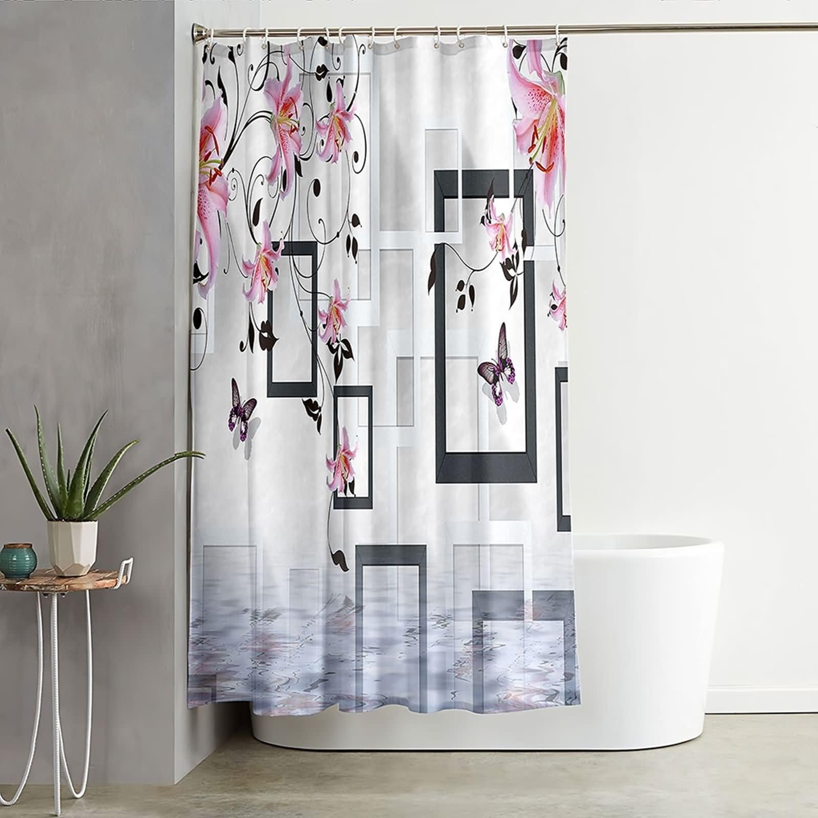 Tenda da bagno per doccia, vasca da bagno, tenda da doccia geometrica floreale farfalla, bianco, rosa, nero, poliestere, 180 x 200 cm