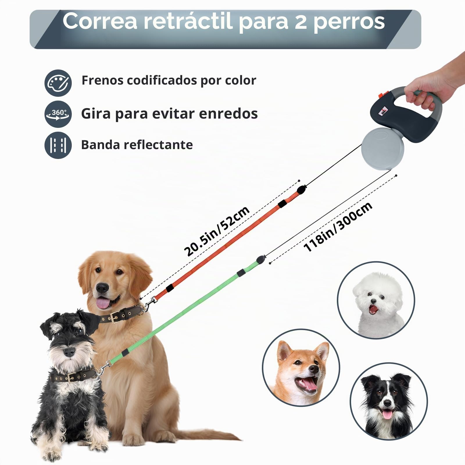 DoppelEinziehbare Hundeleine Makife Dual Doggie Pet Leash Hundeleine automatische Hund Versenkbar Leine Einziehbare 3m Geeignet für Kleine Mittelgroße Hunde Wandern Joggen 15pcs Hundekotbeutel Grau