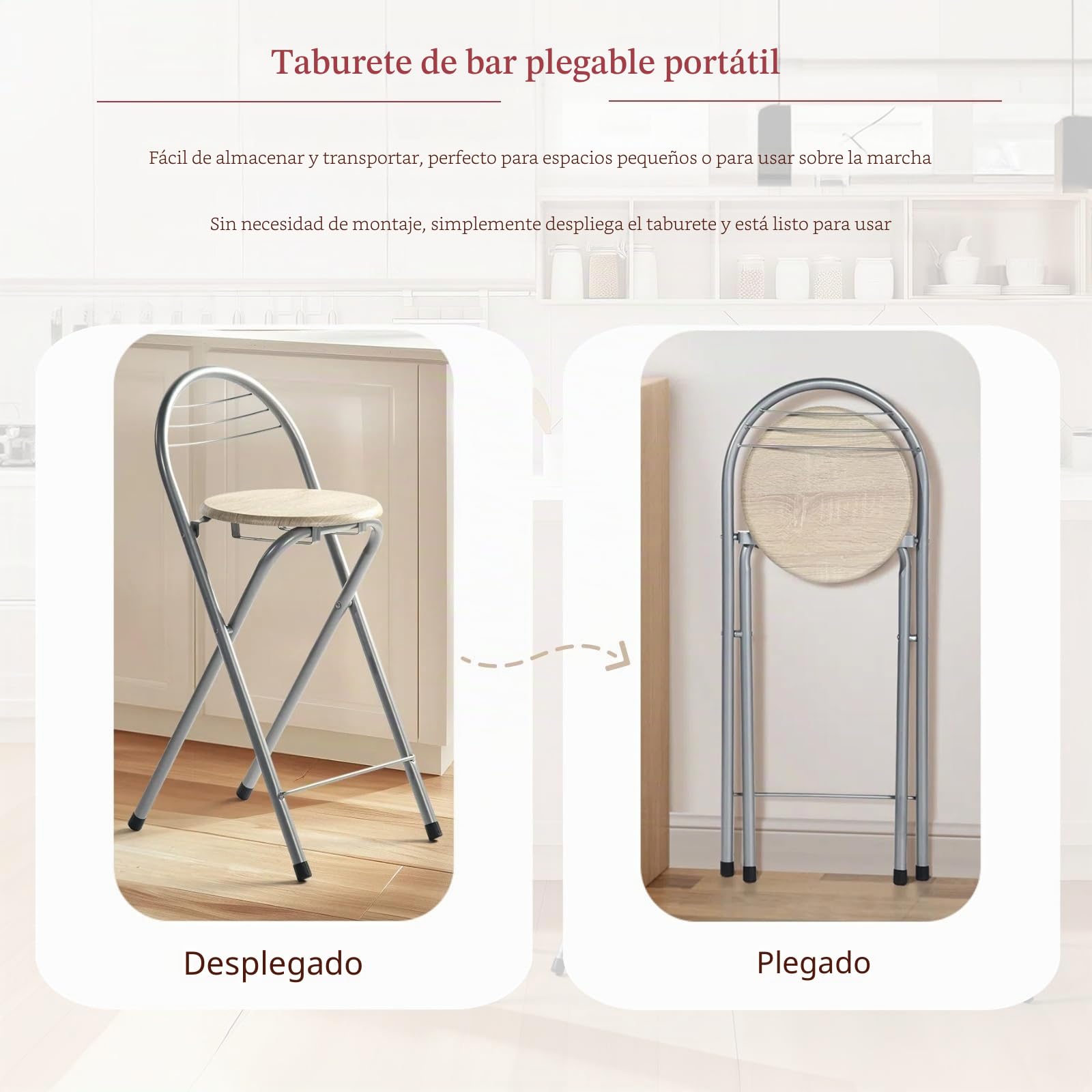 Taburete plegable para bar (2 unidades, taburete plegable, portátil, silla de bar plegable, con respaldo para cocina, terraza exterior, altura del asiento, 61 cm, roble y plata