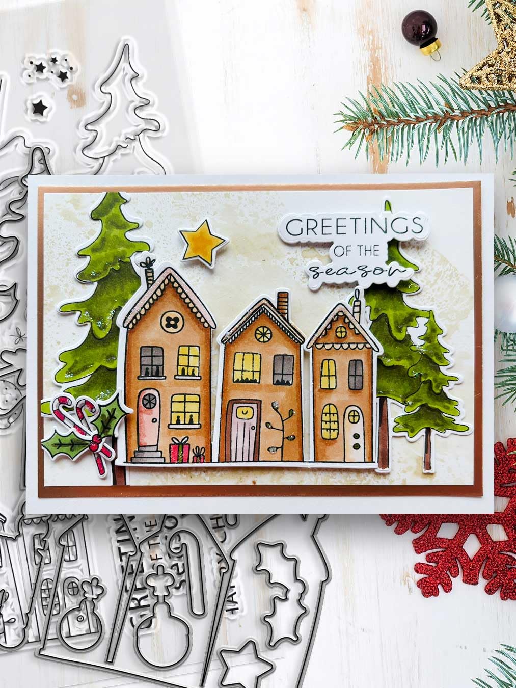 Cozy Christmas Holiday Scandi Houses Clear Craft Stamp Set, A5/6 x 8, Red