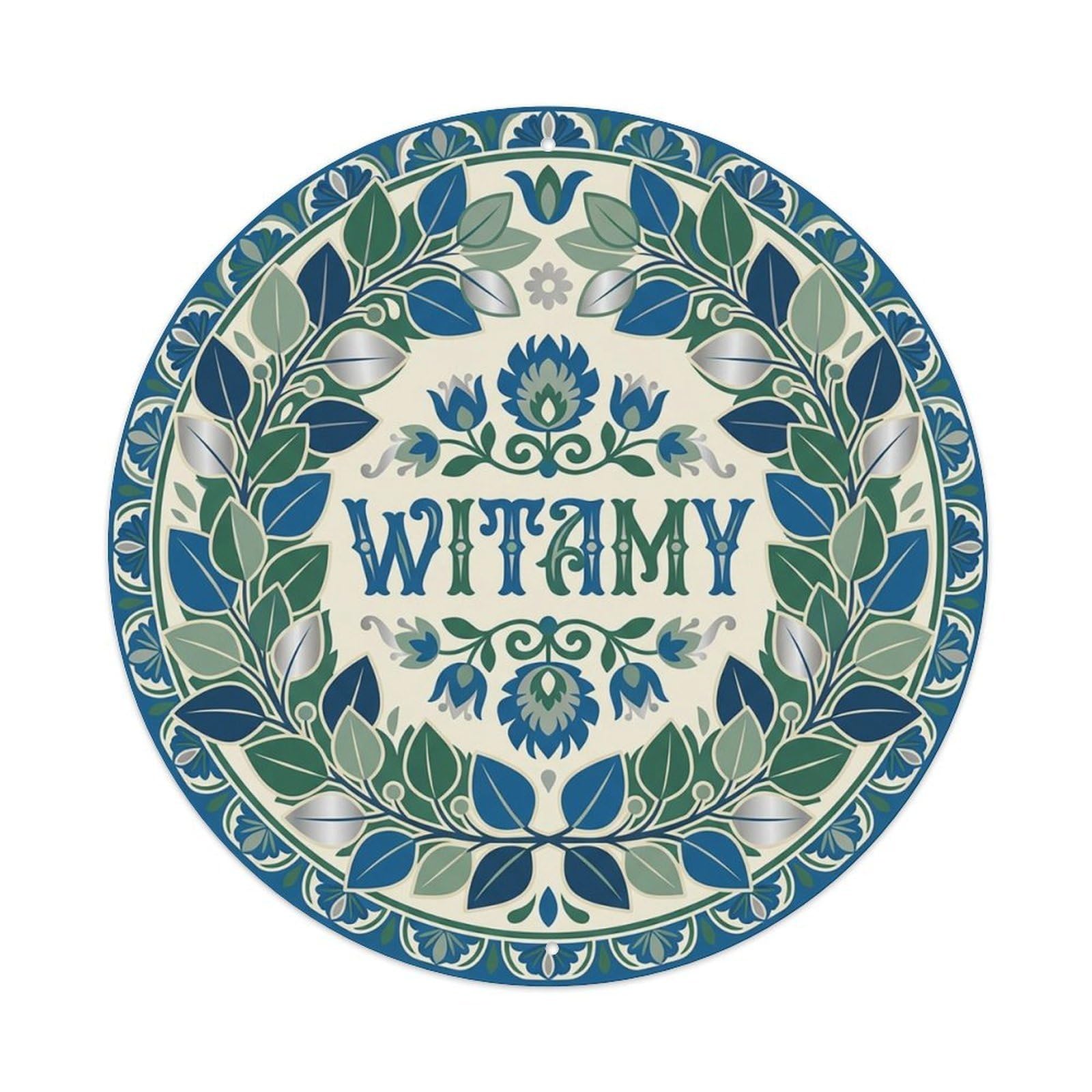 Vintage Polish Folk Art Witamy Welcome Eucalyptus Metal Tin Sign