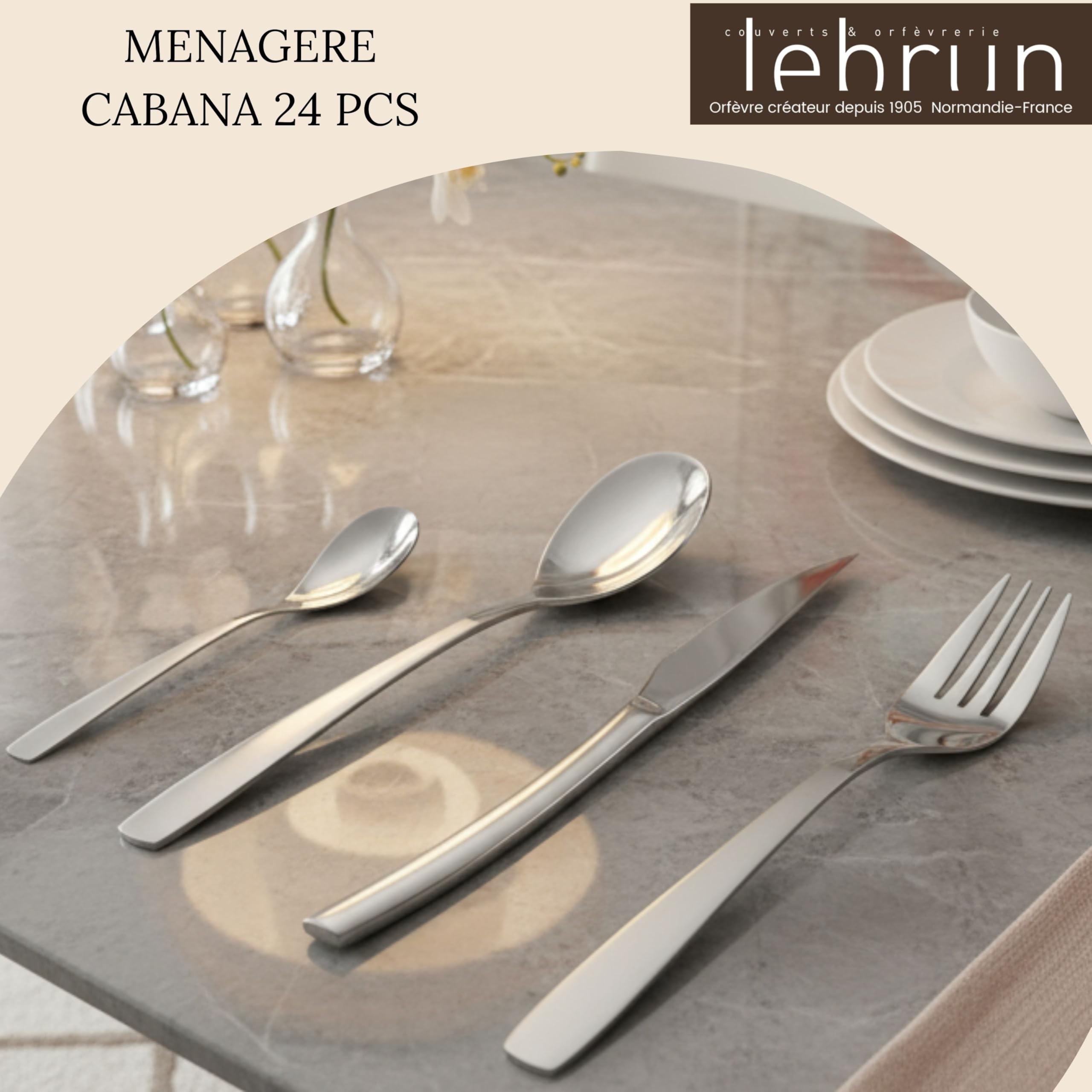 Lebrun Posate CABANA - MENAGERE 24 pezzi in finitura a contrasto - Servizio da tavola per 6 persone: 6 forchette, 6 coltelli da tavola, 6 cucchiai, 6 cucchiaini - Made in Francia.